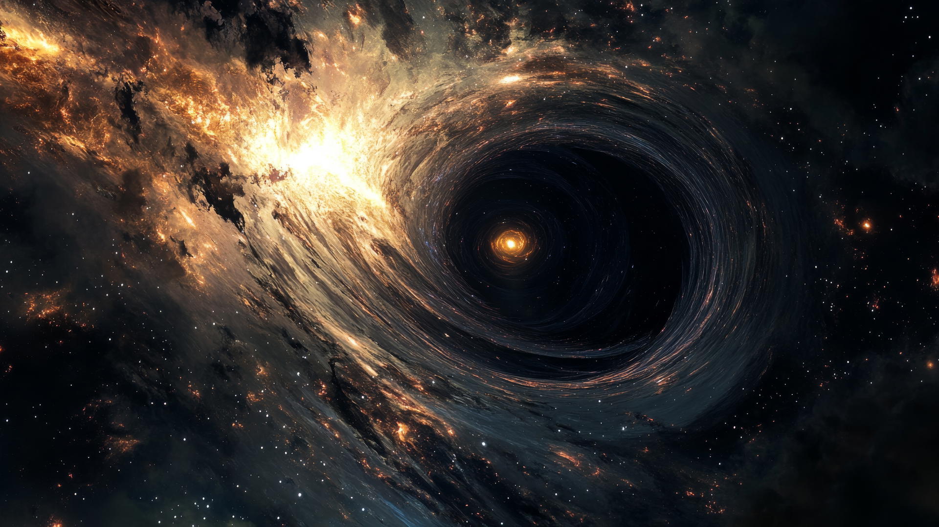 Black aesthetic wallpaper: cosmic scene with black hole, swirling dark matter, faint stars