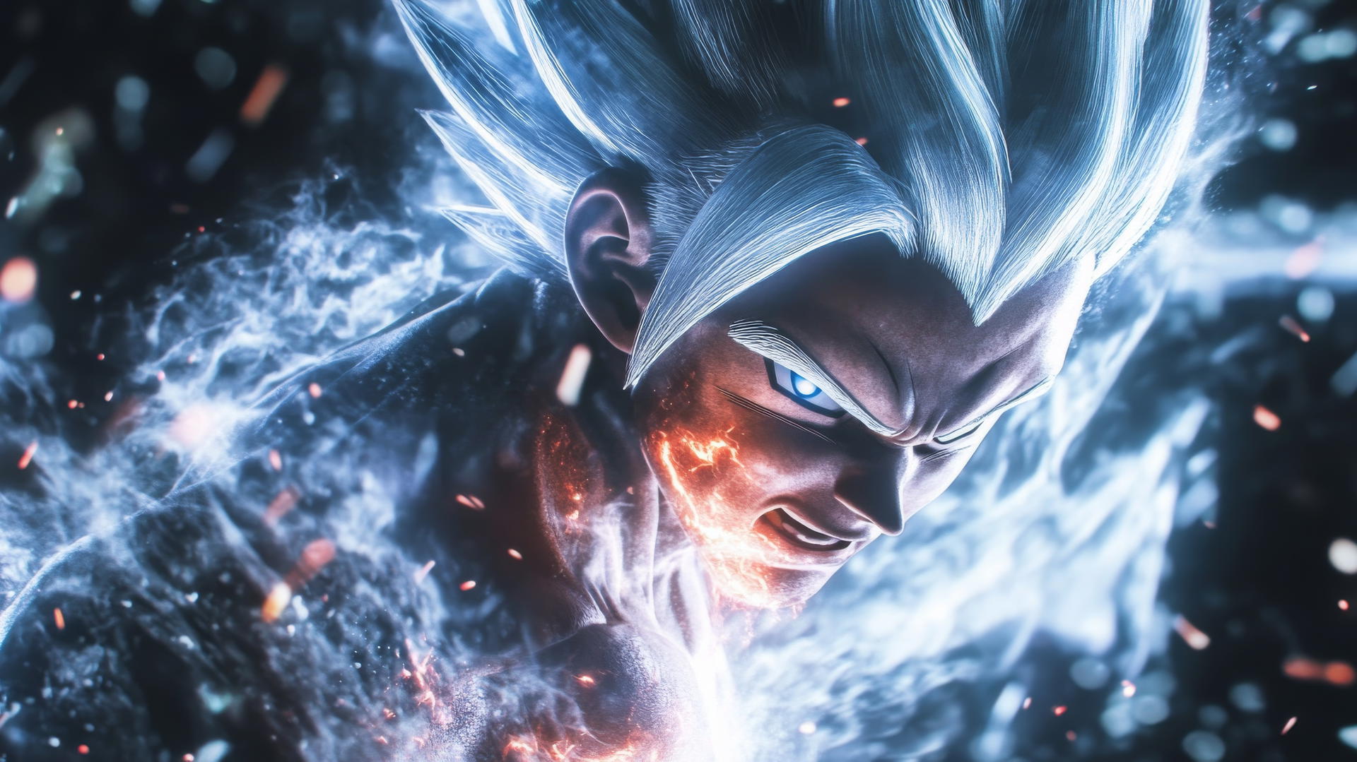 Goku Ultra Instinct wallpaper 4K, charging Kamehameha with silver hair flowing energy