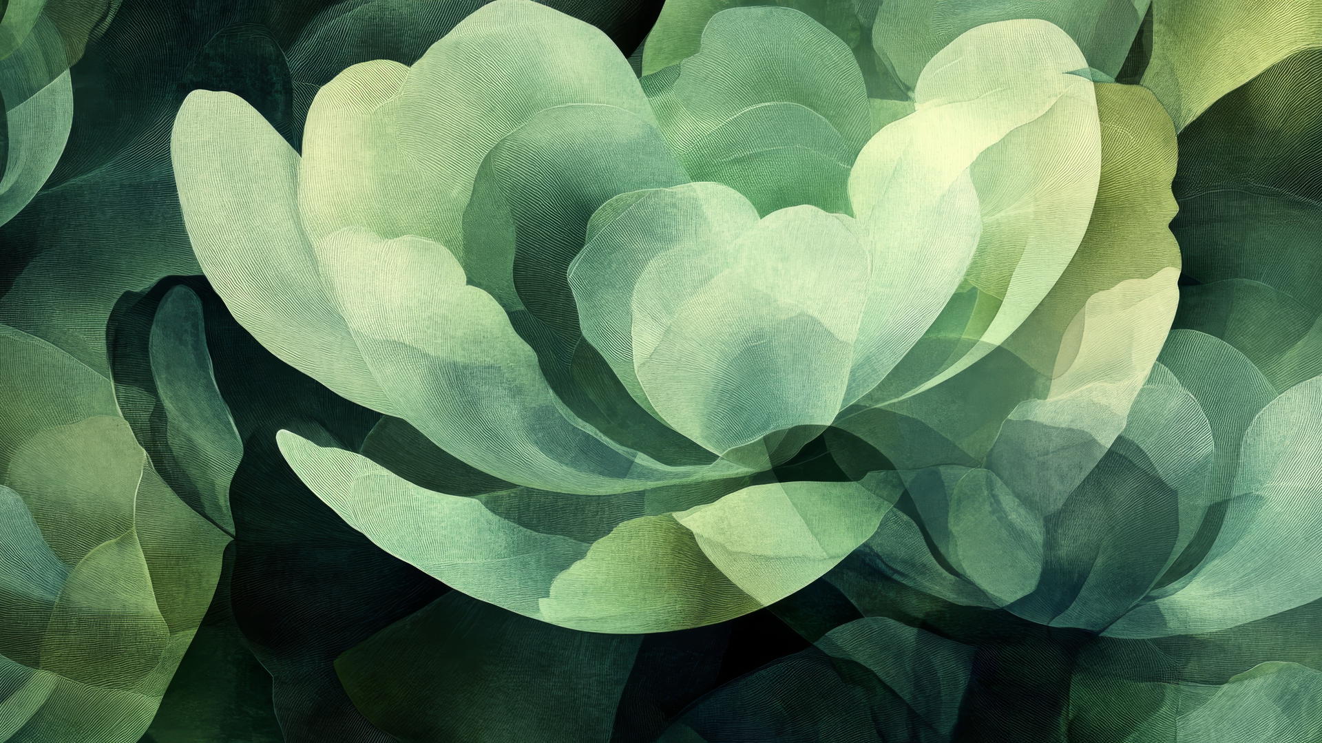 green floral wallpaper with oversized stylized flower petals in various shades of green