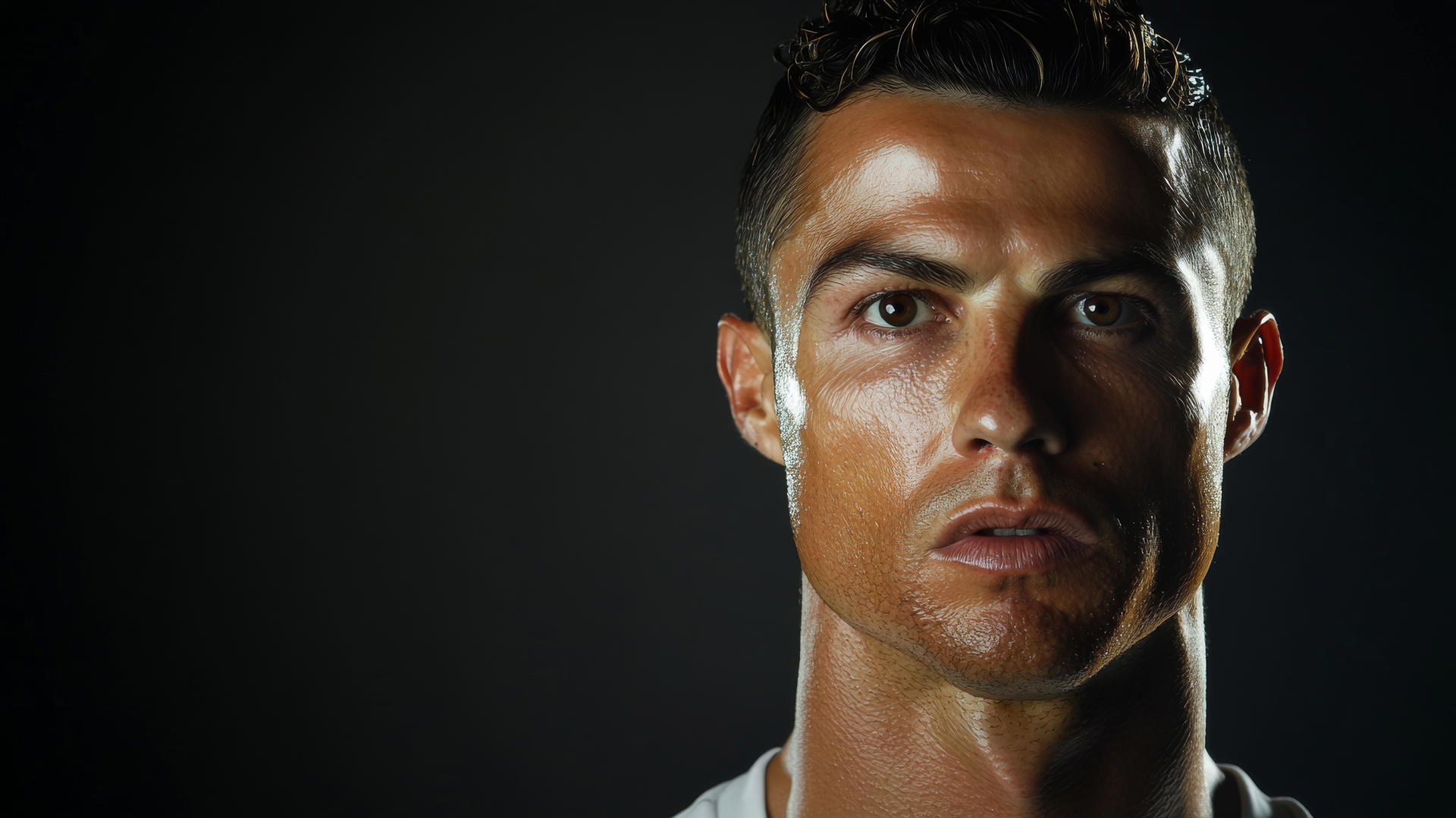 Cristiano Ronaldo celebrating a goal with intense expression, black background, 4K