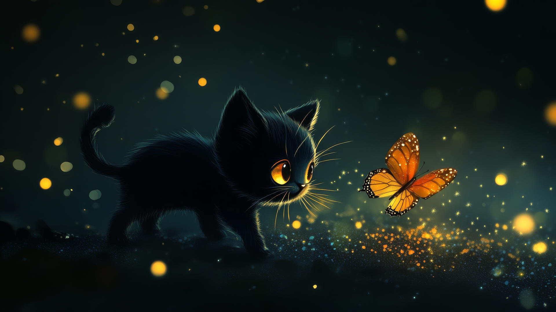 Black cute wallpaper with a cartoon kitten chasing a butterfly on a dark background.