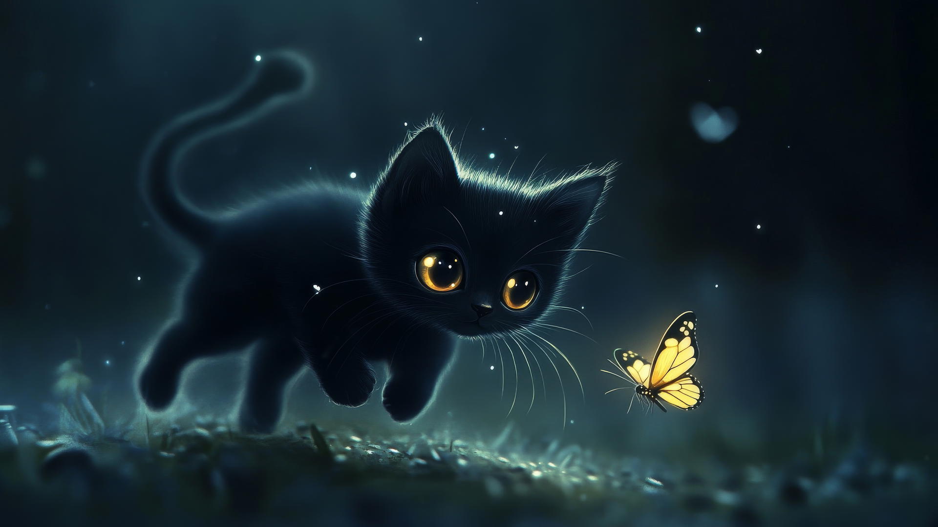 black cute wallpaper with cartoon kitten chasing a butterfly