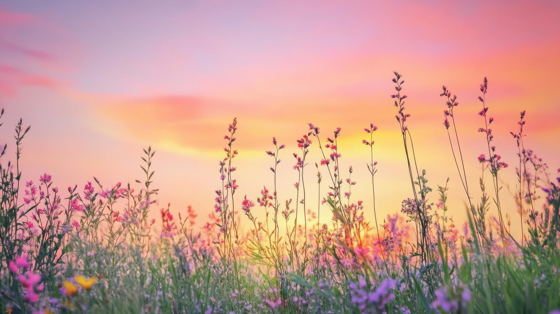 nature wallpaper featuring a colorful sunset over a meadow with tall grasses and wildflowers