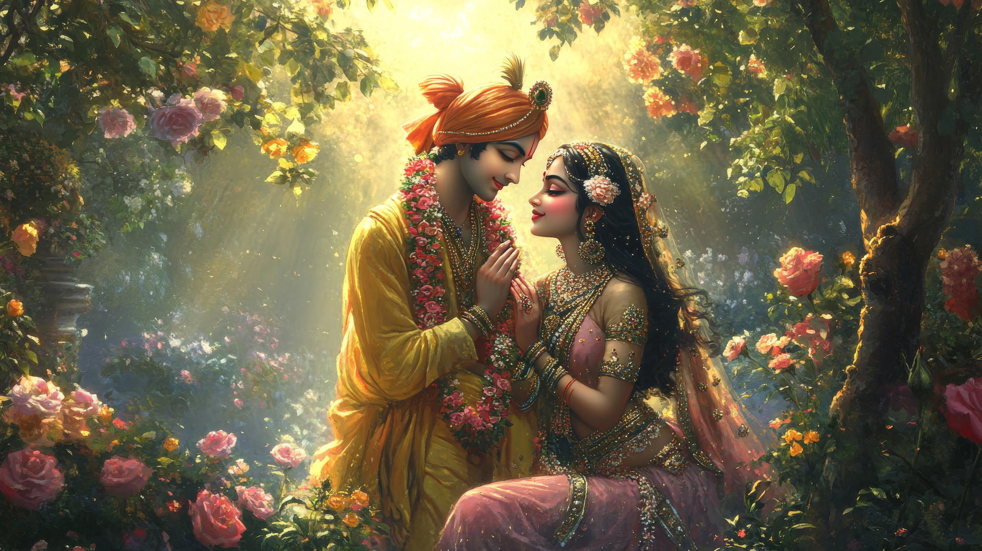 Love romantic Radha Krishna wallpaper HD with a gentle smile in a rose garden