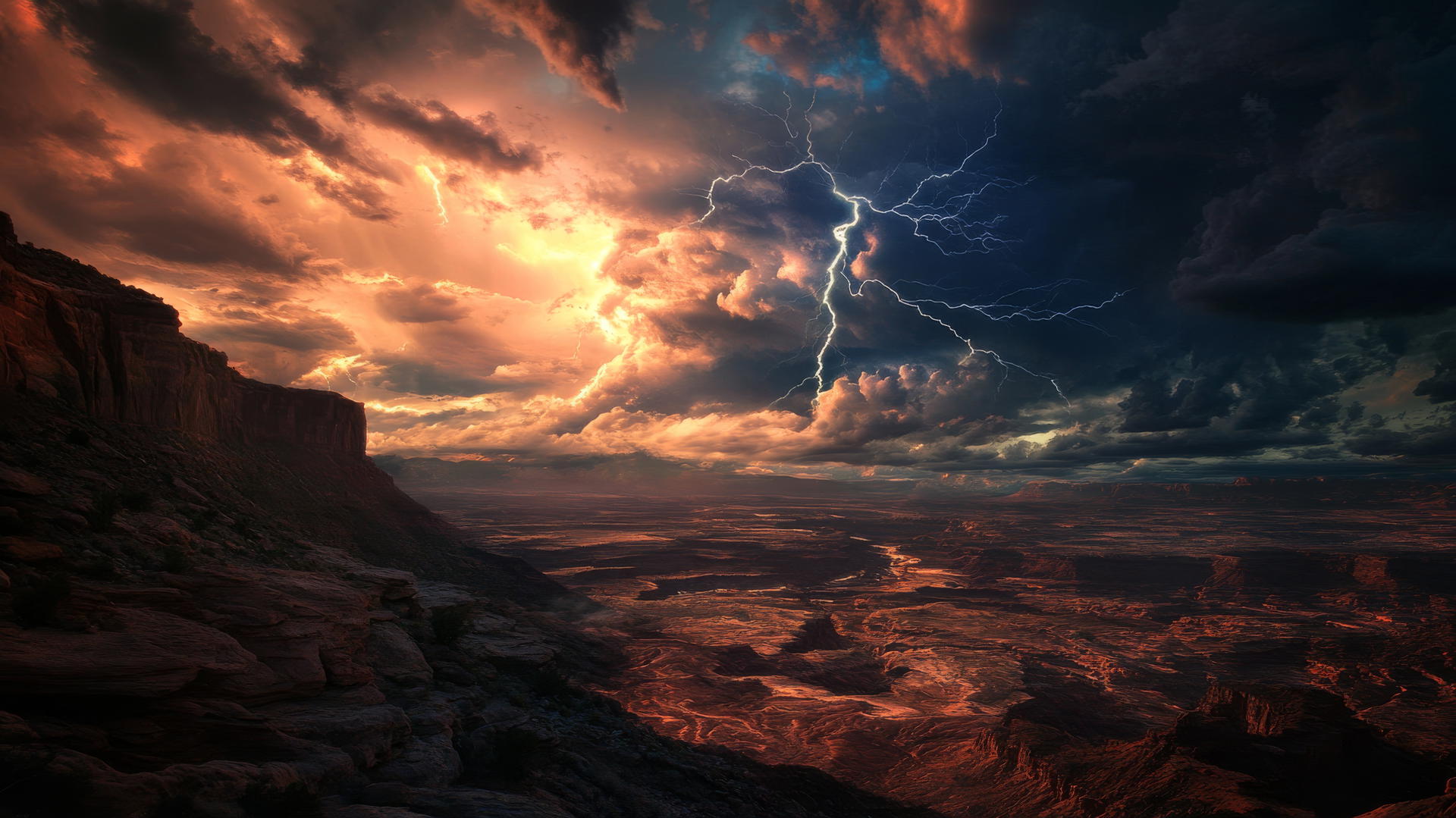 A dramatic 4K thunderstorm over a vast desert landscape with lightning