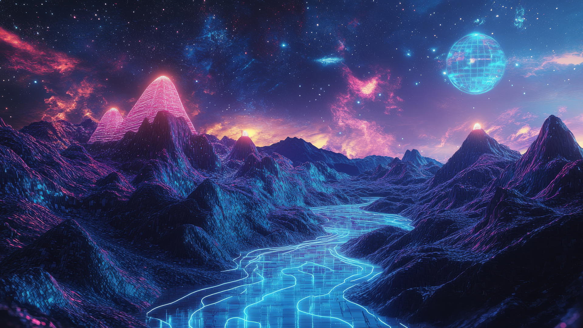 Y2K star wallpaper with glowing neon stars, holographic mountains, and a pixelated light waterfall.