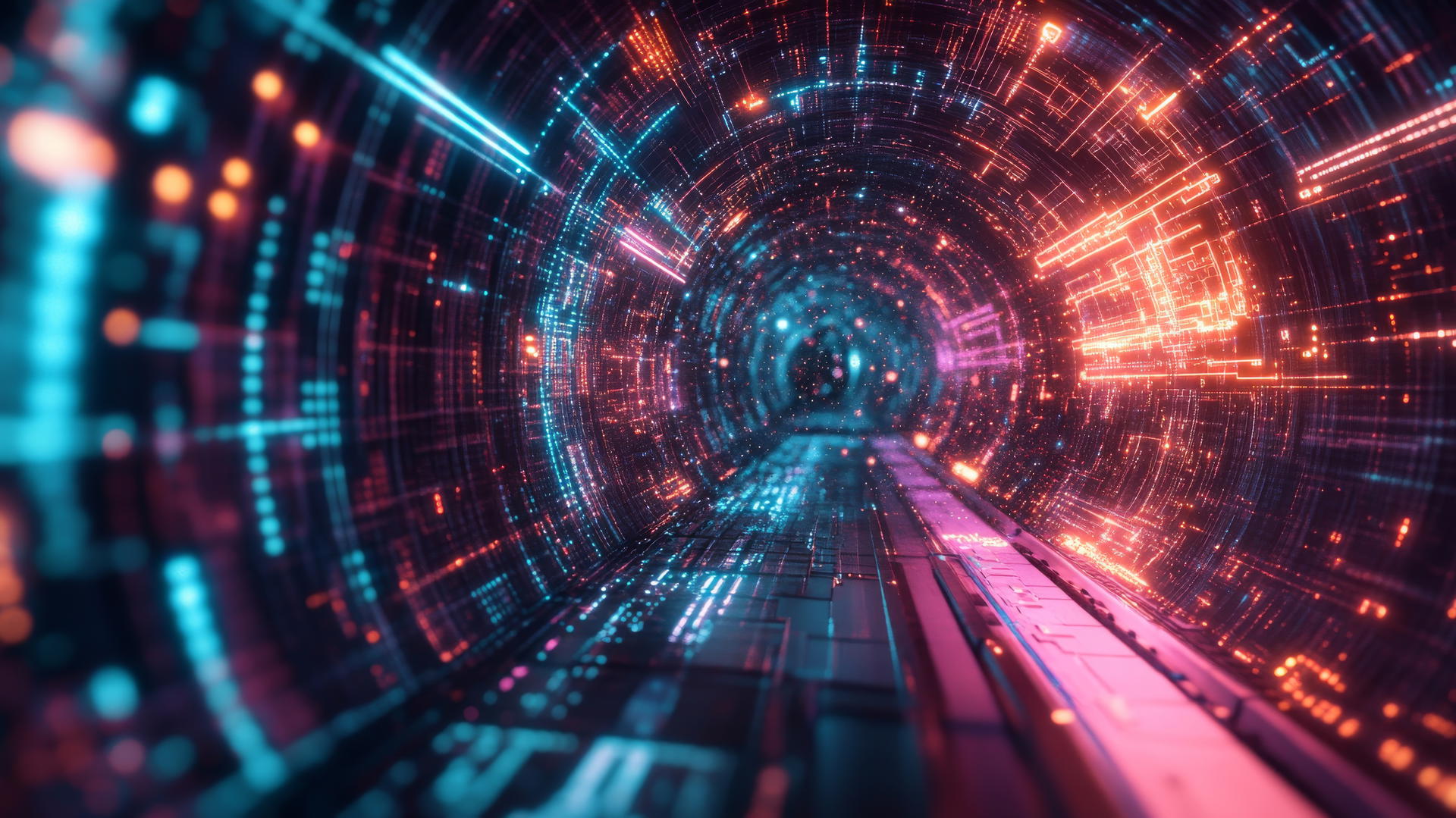 Cyber Y2K wallpaper with neon-lit digital tunnel and glowing circuits