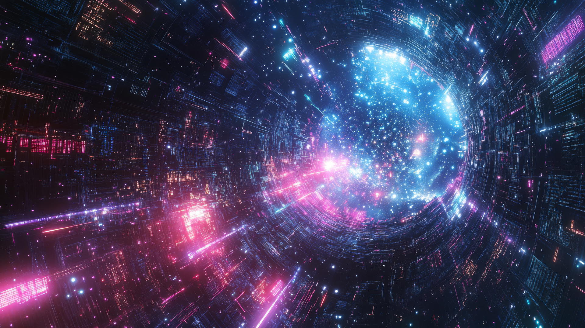 Futuristic cyber Y2K star wallpaper with digital space station and neon data streams