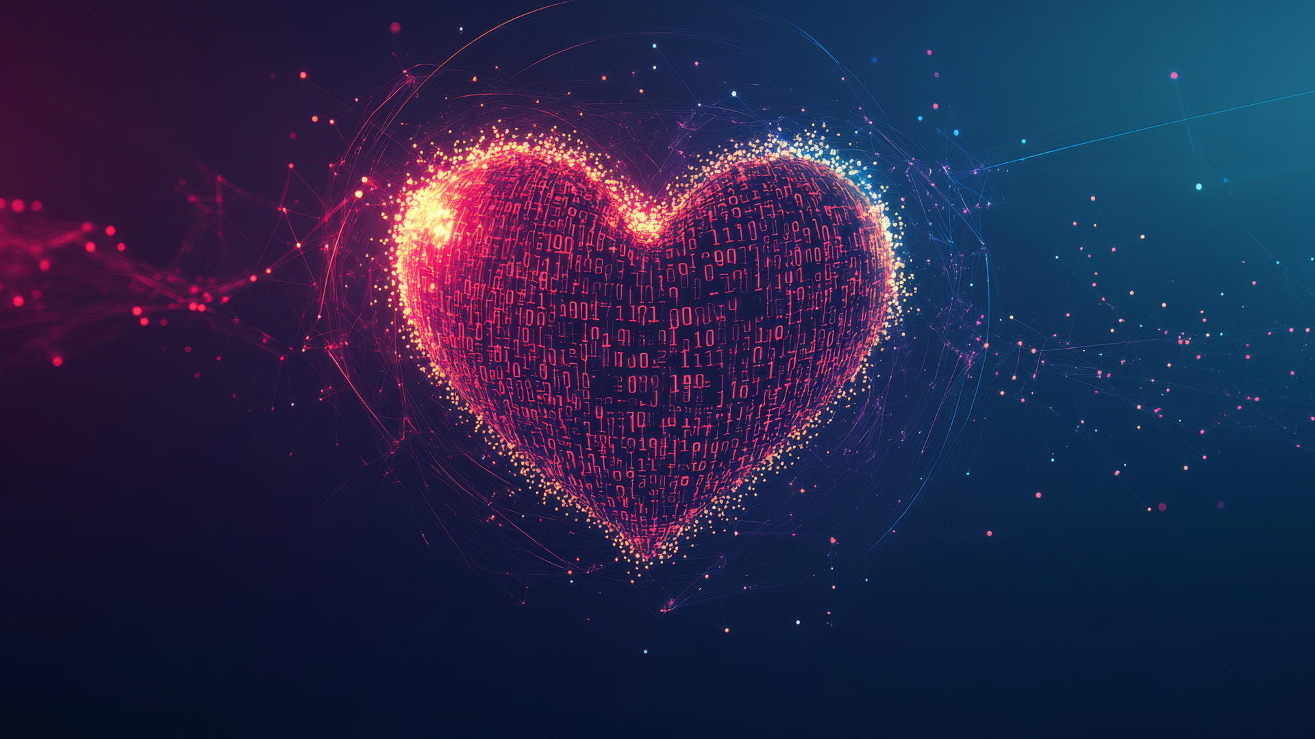 wallpaper Y2K with a glowing heart, binary code, and neon sparkles on dark gradient