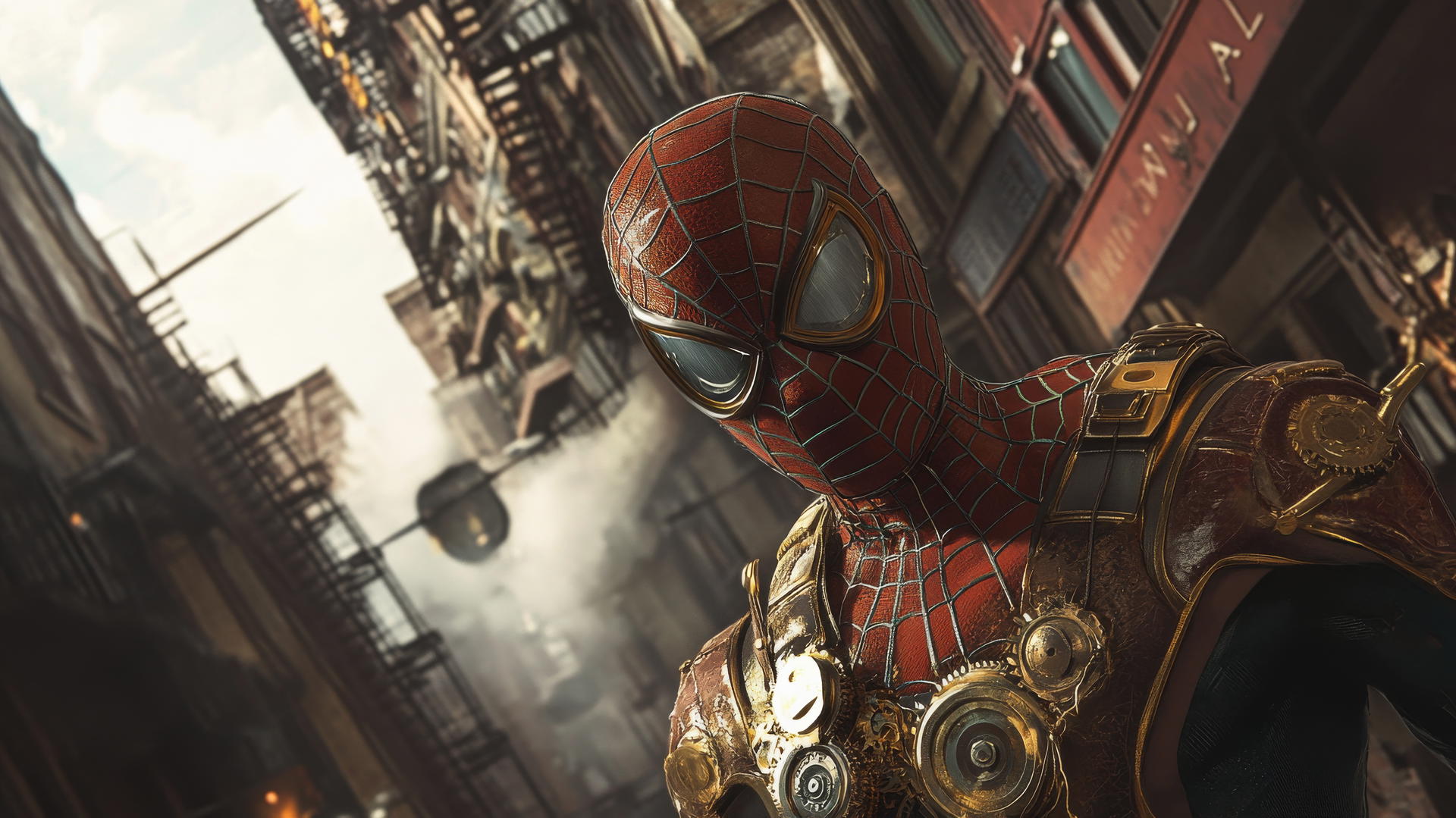 Spider-Man wallpaper aesthetic in a steampunk setting with brass and leather suit, gears, and Victorian buildings