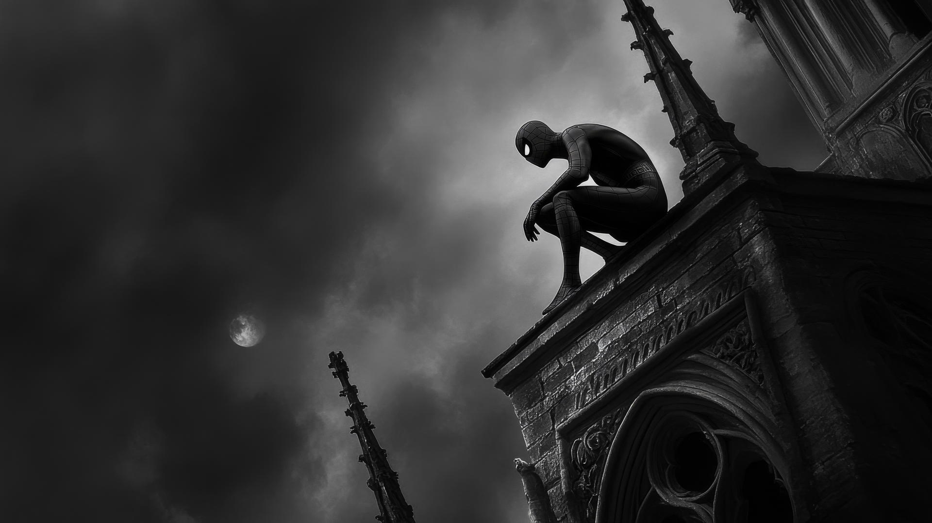 Spider-Man wallpaper aesthetic: perched on a gothic cathedral rooftop with dramatic moonlight shadows