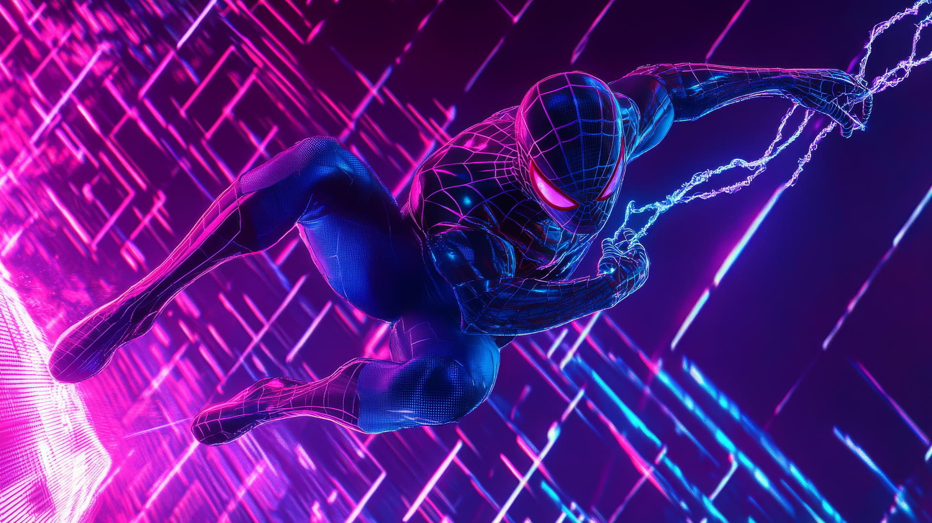 Spider-Man in retro-futuristic style, neon grid background, vibrant colors, spider man wallpaper aesthetic