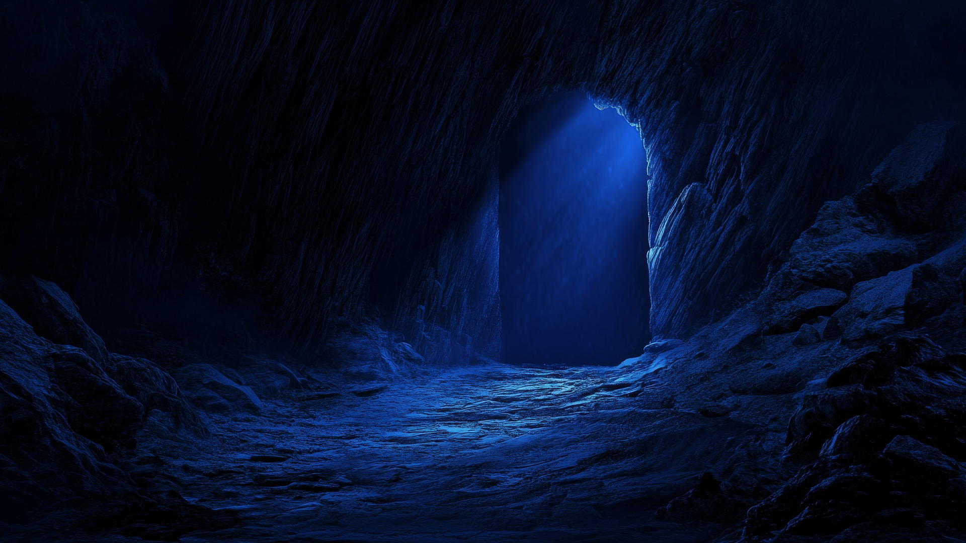 dark blue wallpaper with a mysterious cave entrance glowing