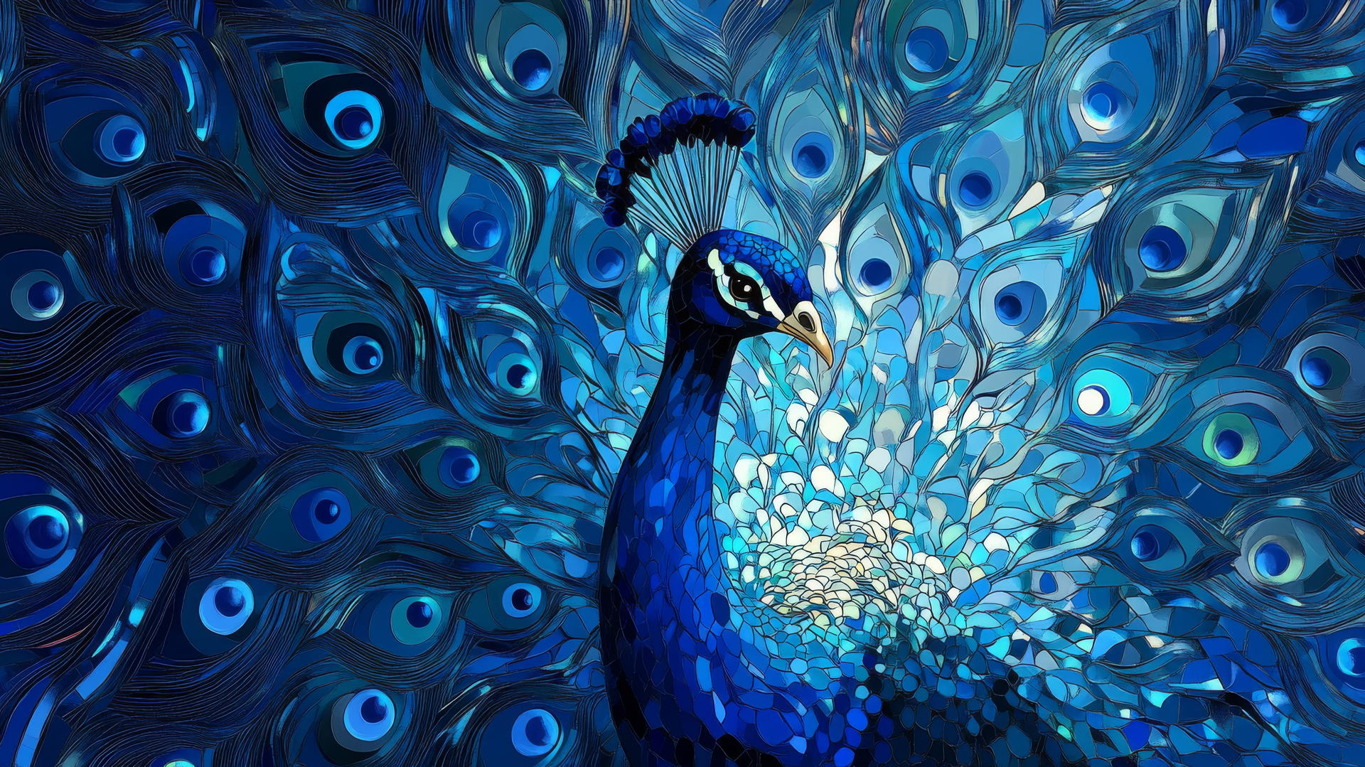 wallpaper blue with mosaic of vibrant blue peacock feathers
