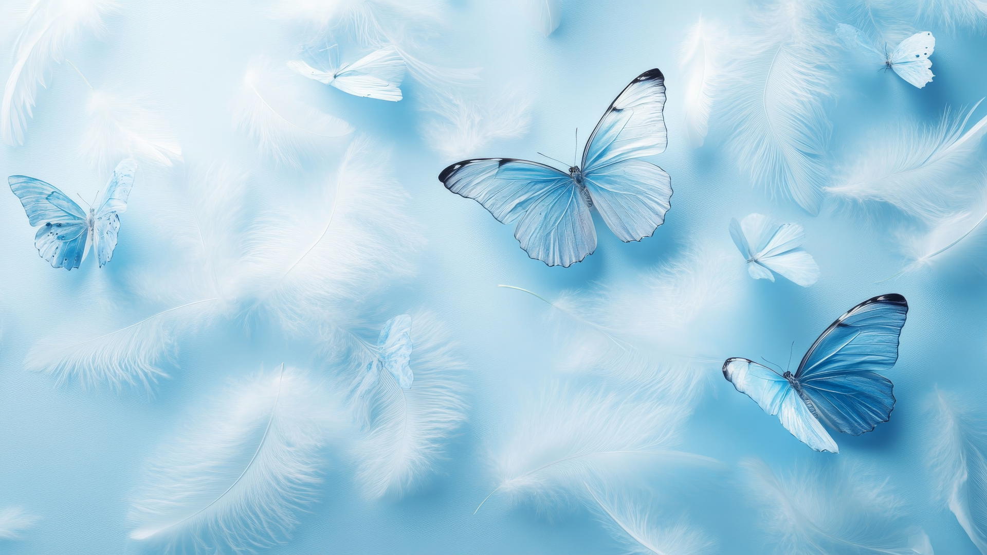Blue butterfly wallpaper with white feathers on light blue background