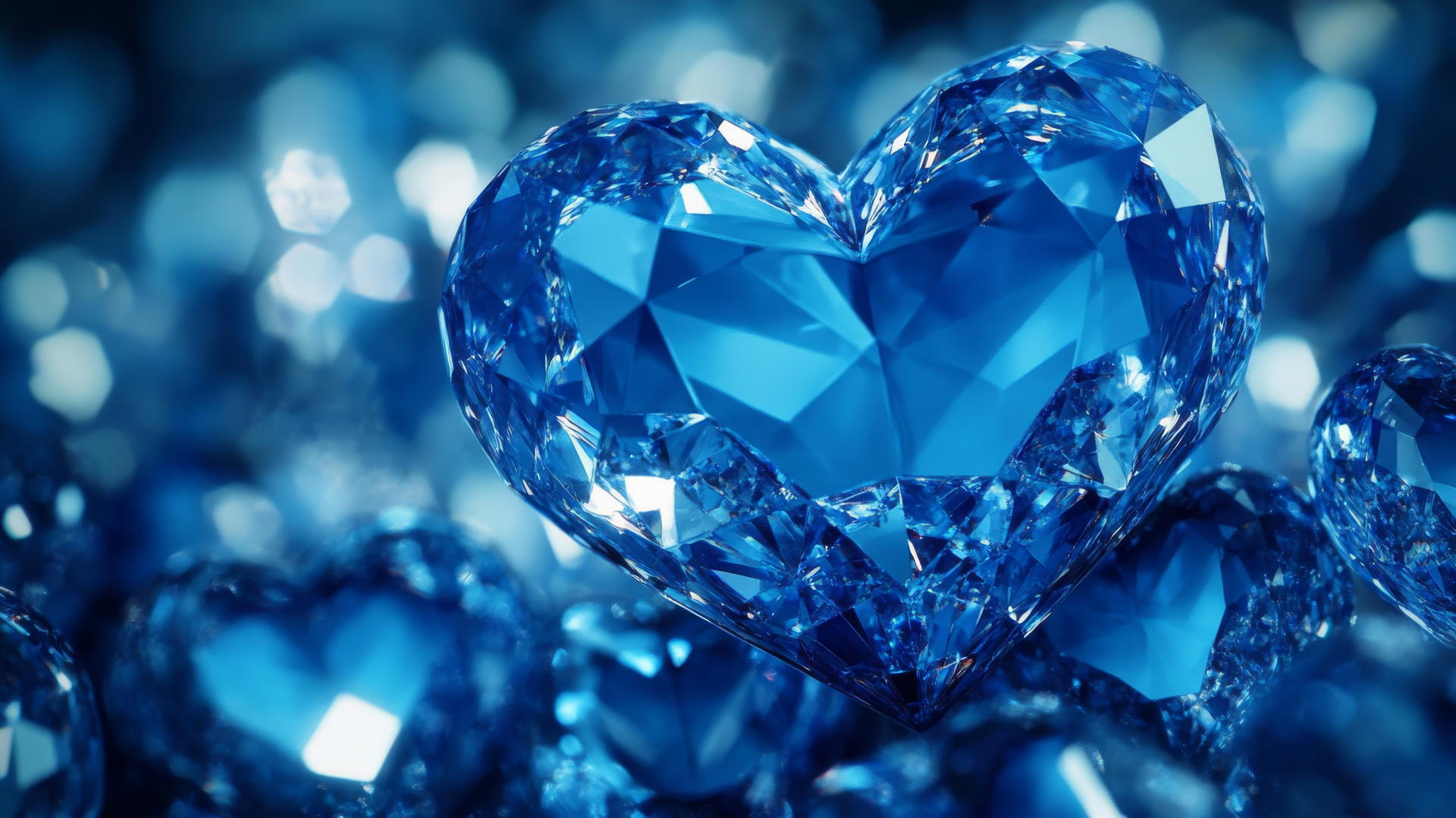 Shimmering blue heart-shaped crystals catching light against dark blue backdrop