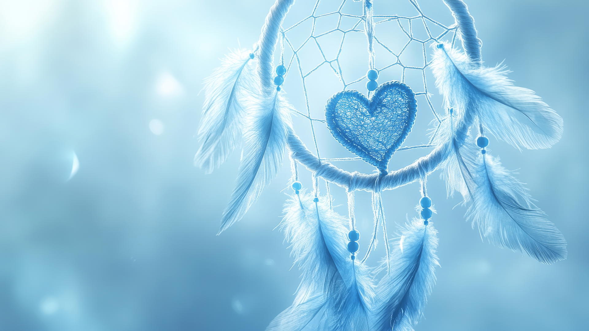 blue heart wallpaper with dreamcatcher and delicate feathers