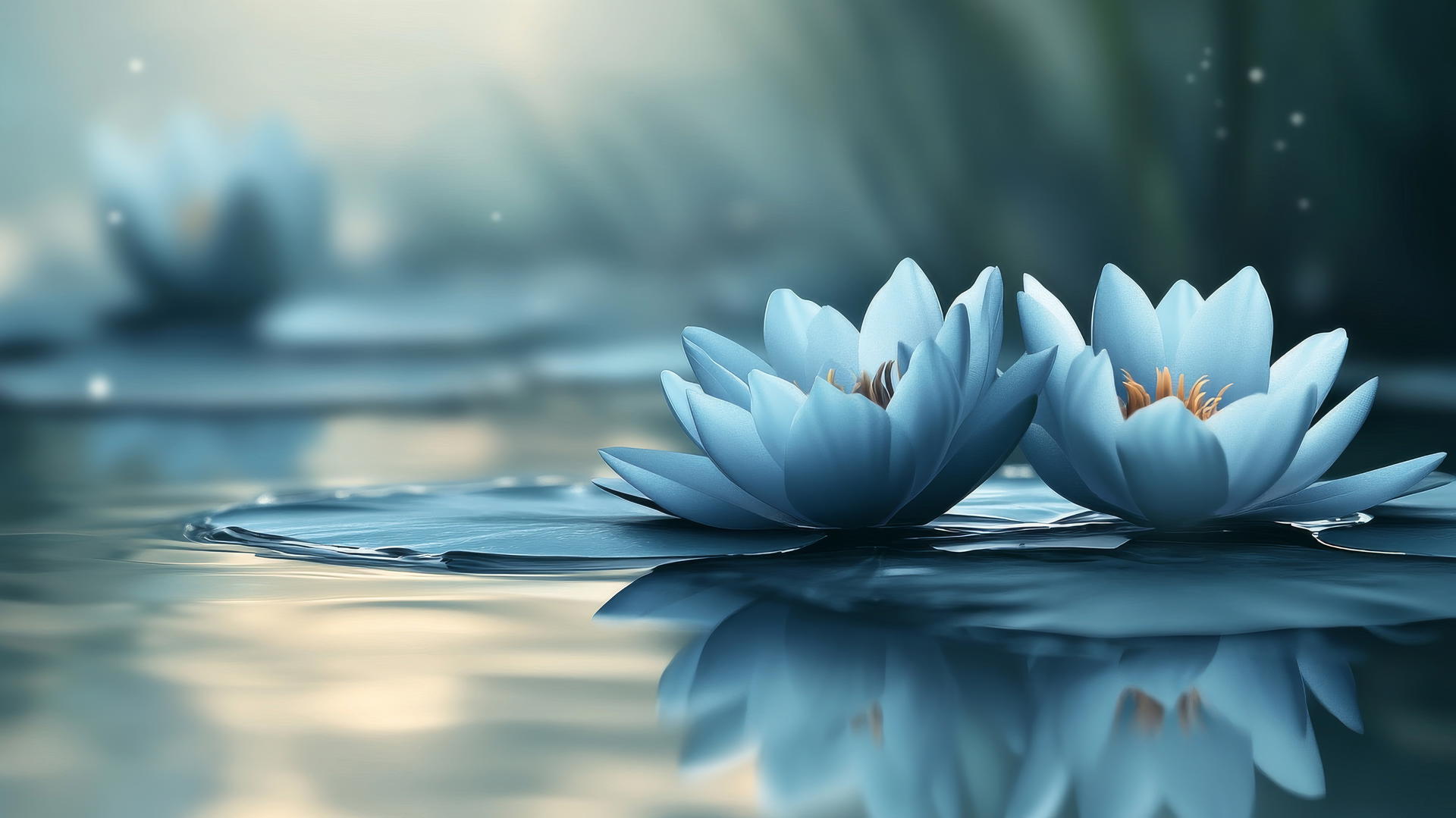 Aesthetic wallpaper blue lotus blossoms floating on still water with soft reflections and ripples.