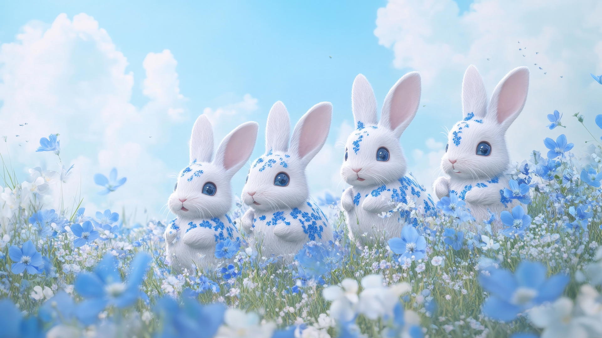 Cute blue wallpaper with cartoon bunnies and blue floral patterns