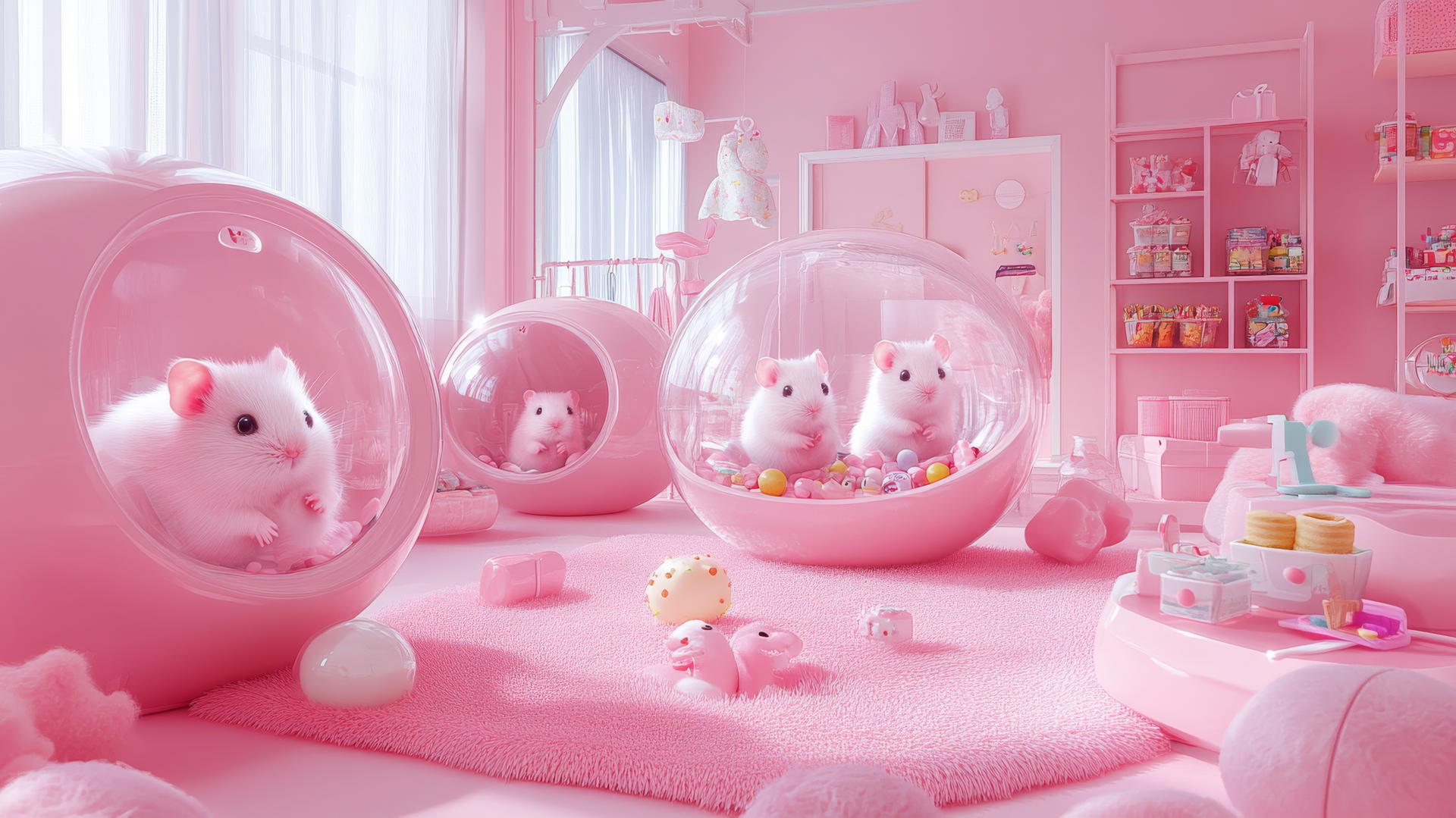 cute pink wallpaper with adorable hamsters in transparent balls in a pastel pink playroom