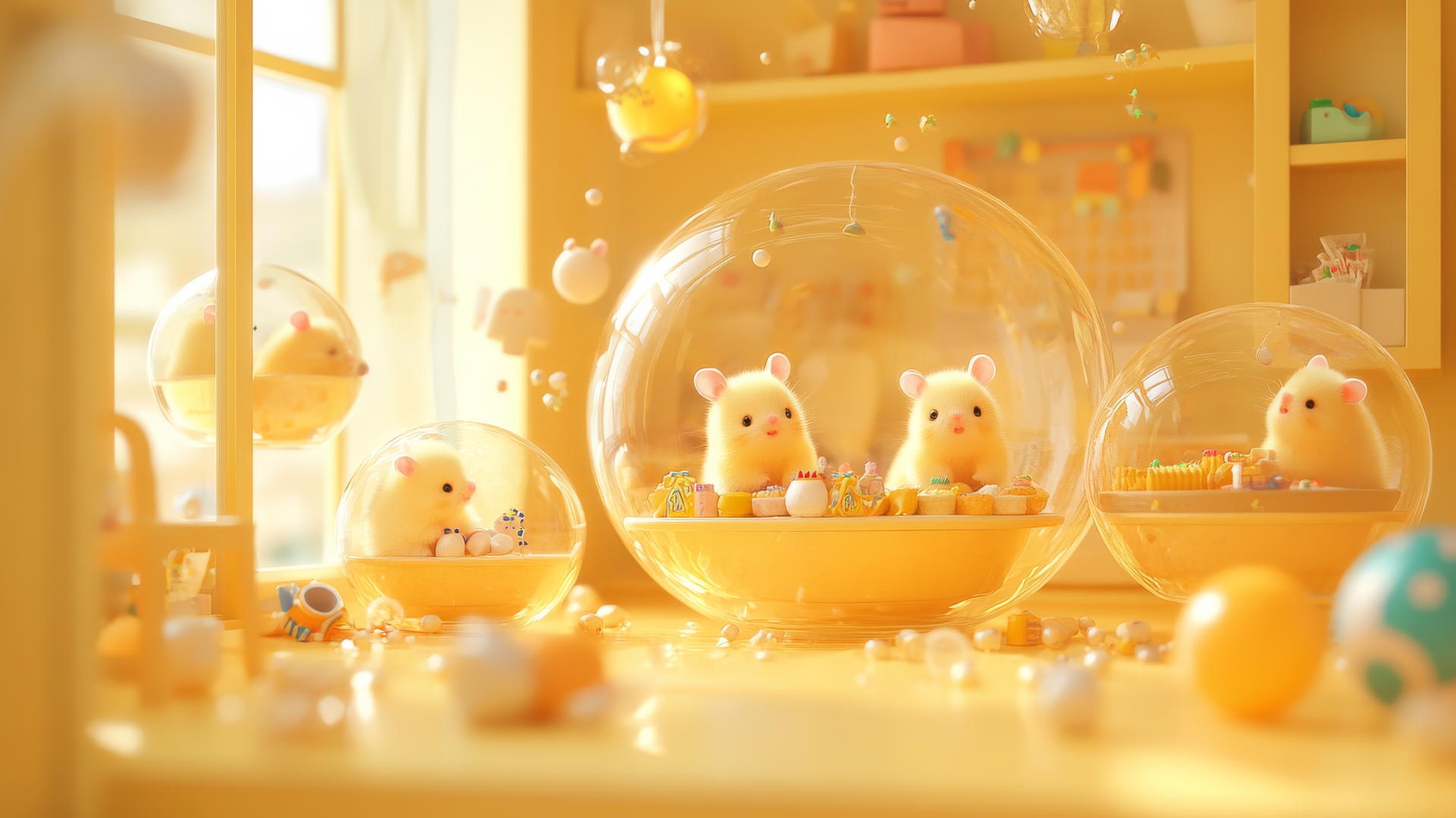 cute yellow wallpaper with adorable hamsters in transparent balls