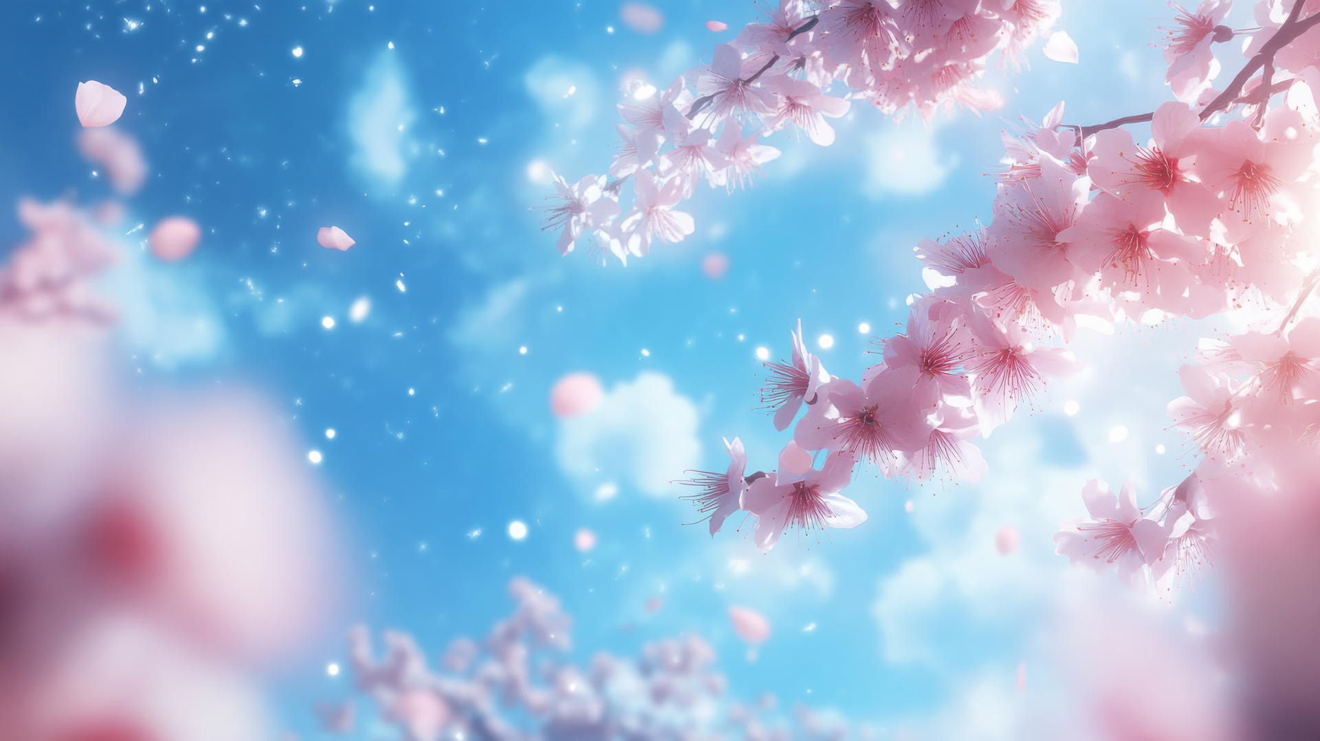 Pink and blue wallpaper with cherry blossoms against a bright blue sky