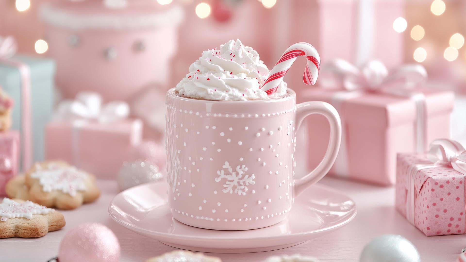 Girly cute Christmas wallpaper with hot chocolate, whipped cream, and candy cane