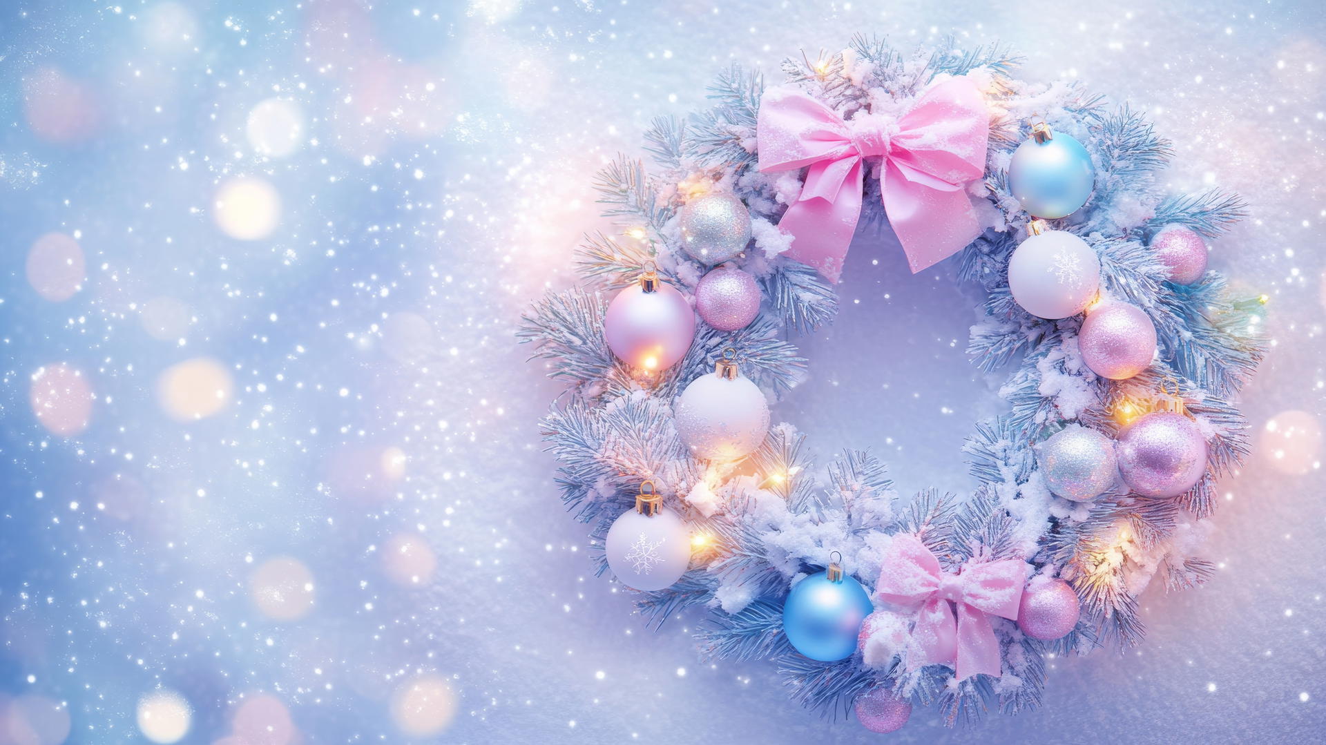 Girly cute Christmas wallpaper with pastel wreath, bows, ornaments, snowy background