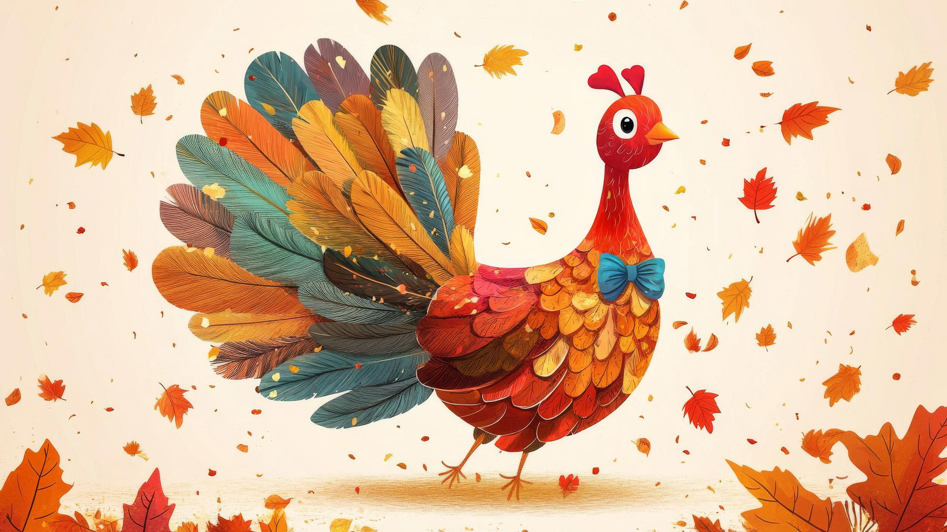cute thanksgiving wallpaper featuring a turkey with colorful oversized feathers dancing among falling leaves