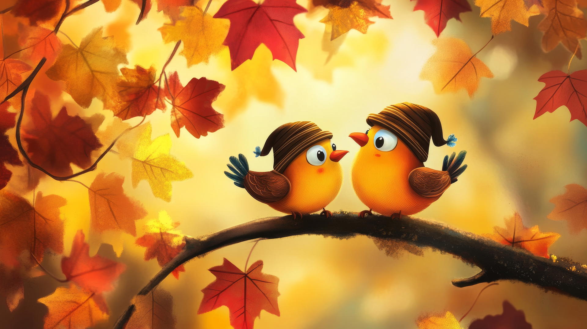 cute thanksgiving wallpaper with two cartoon birds in pilgrim hats on a tree branch with fall leaves
