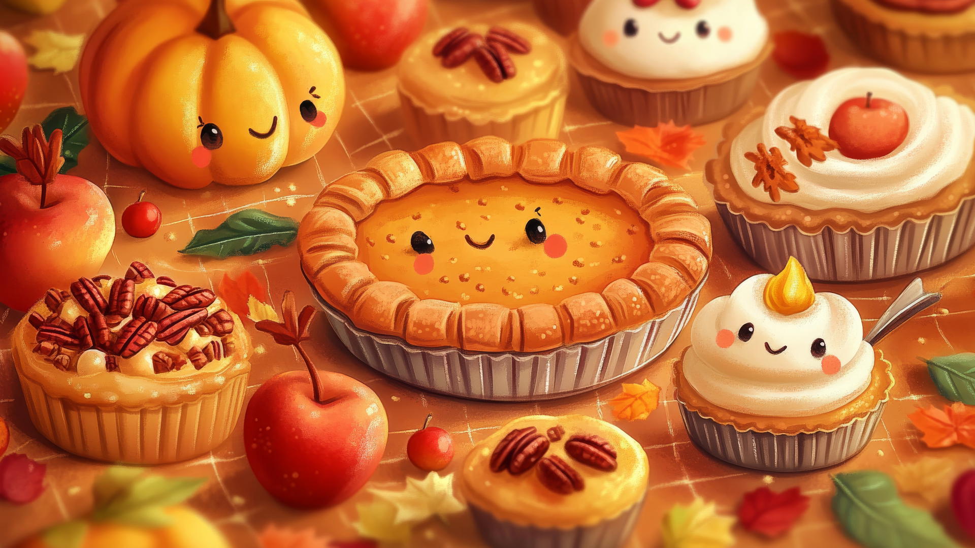 Thanksgiving wallpaper cute with smiling desserts like pumpkin pie, pecan pie, and apple tart