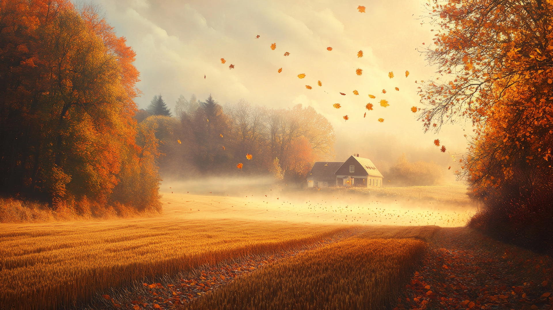 aesthetic thanksgiving wallpaper of misty autumn morning with farmhouse