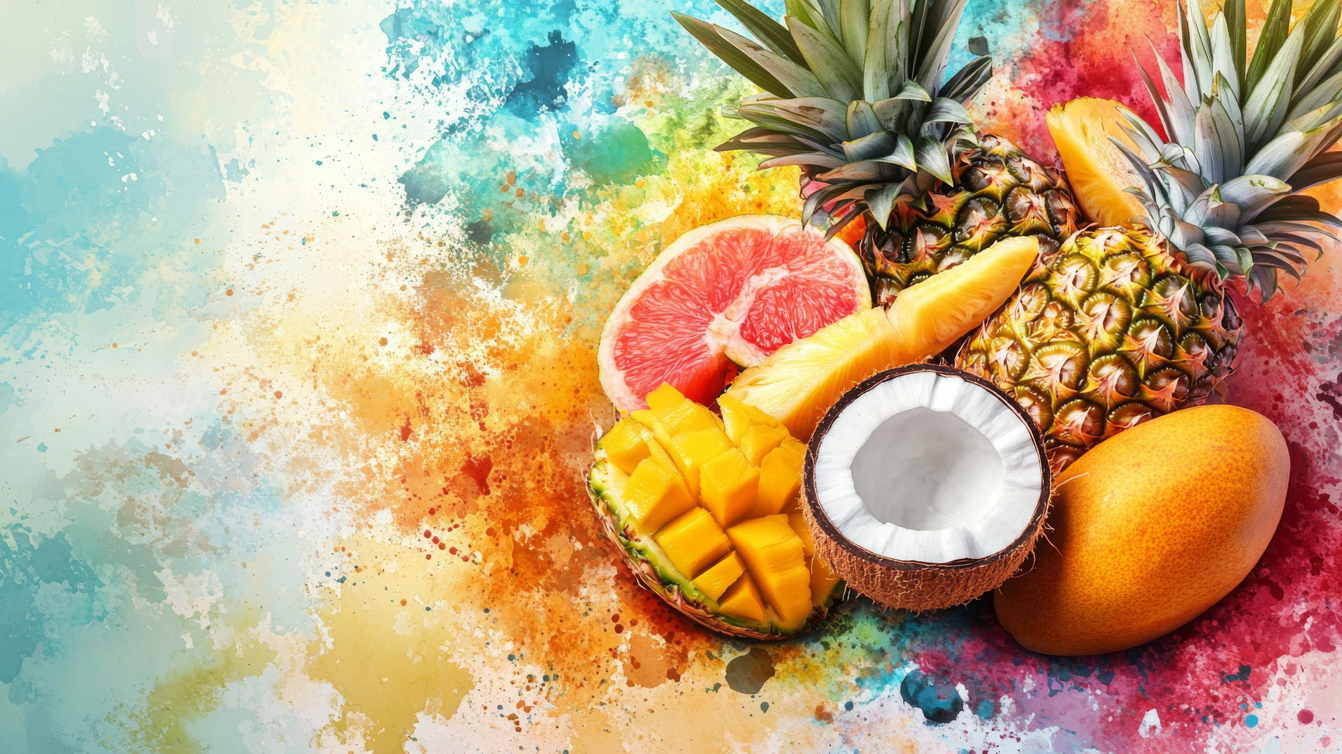 summer aesthetic wallpaper with tropical fruits in watercolor textures
