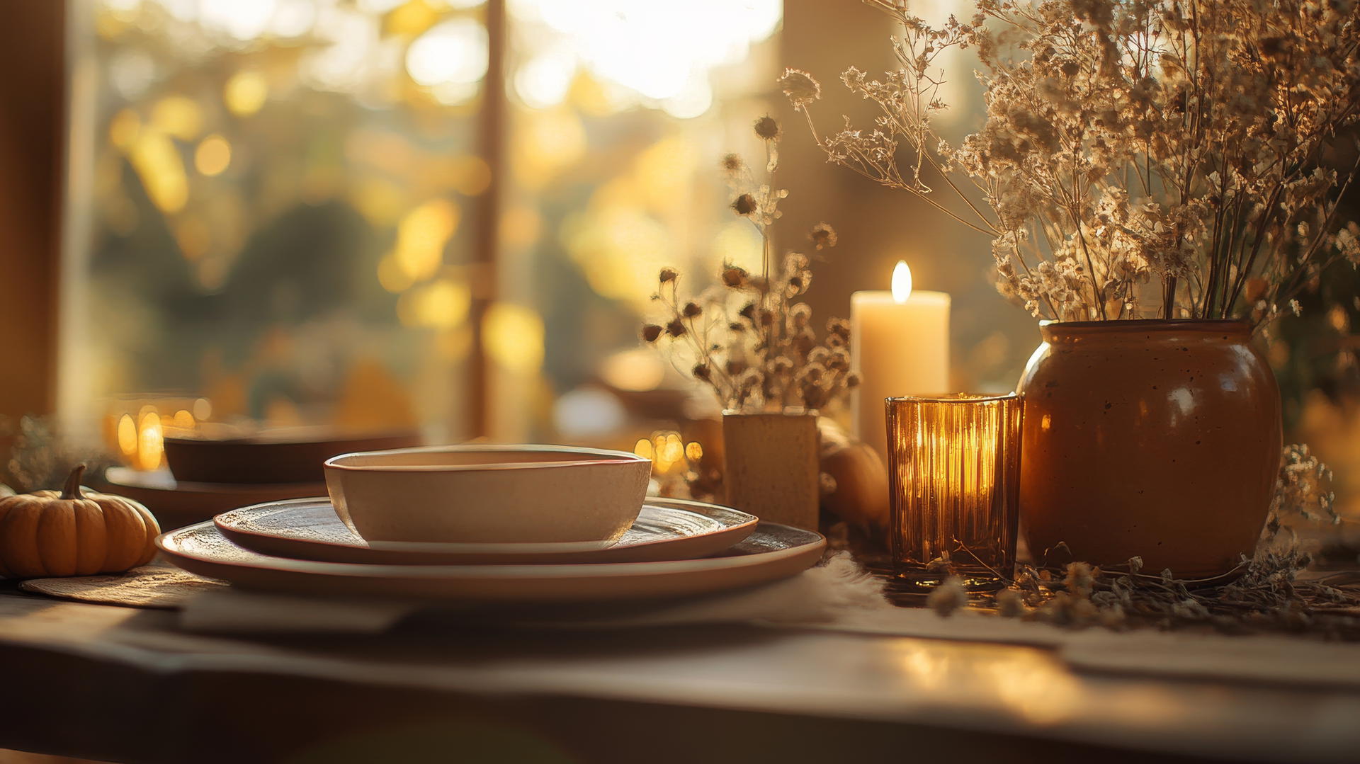 thanksgiving wallpaper aesthetic with a rustic table setting, handcrafted ceramic plates, dried flowers, and amber glass candles.