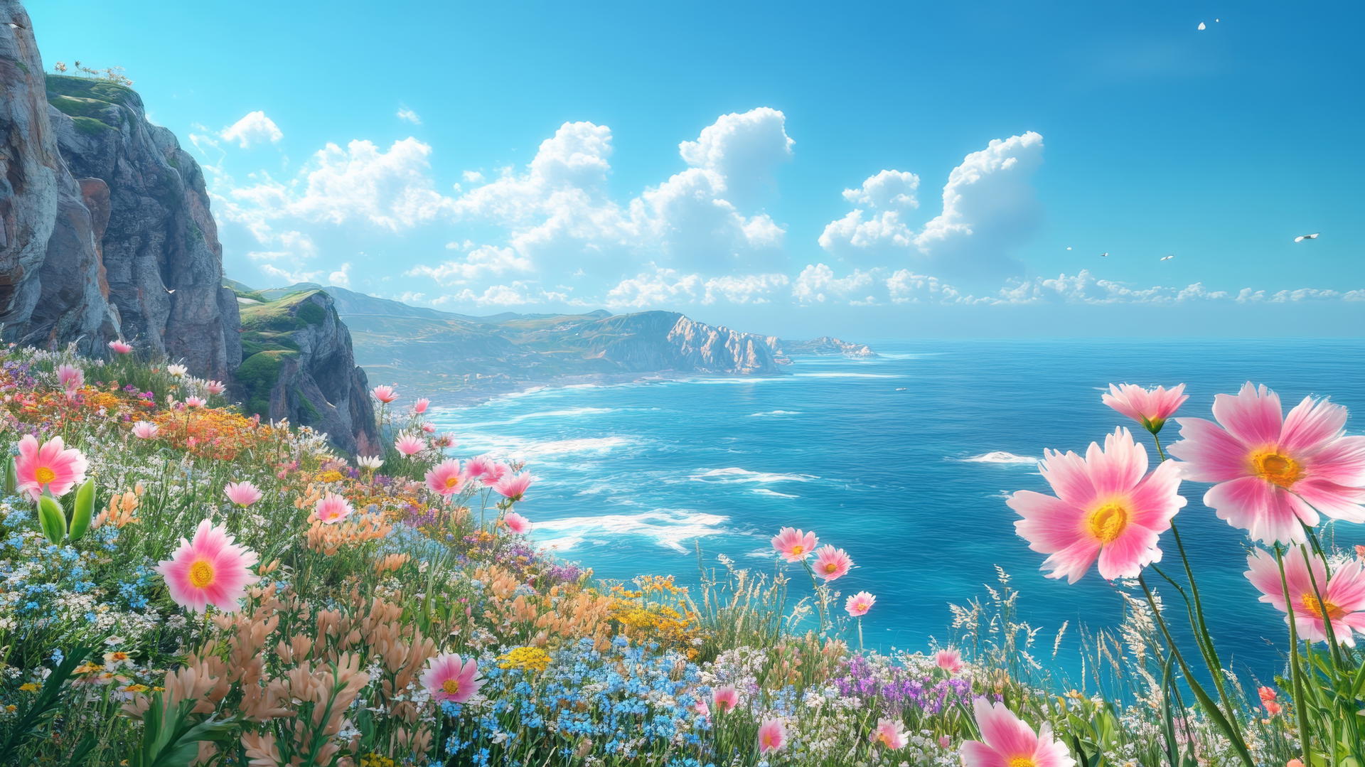 Scenic coastal cliffside with wildflowers and ocean vista - summer aesthetic wallpaper