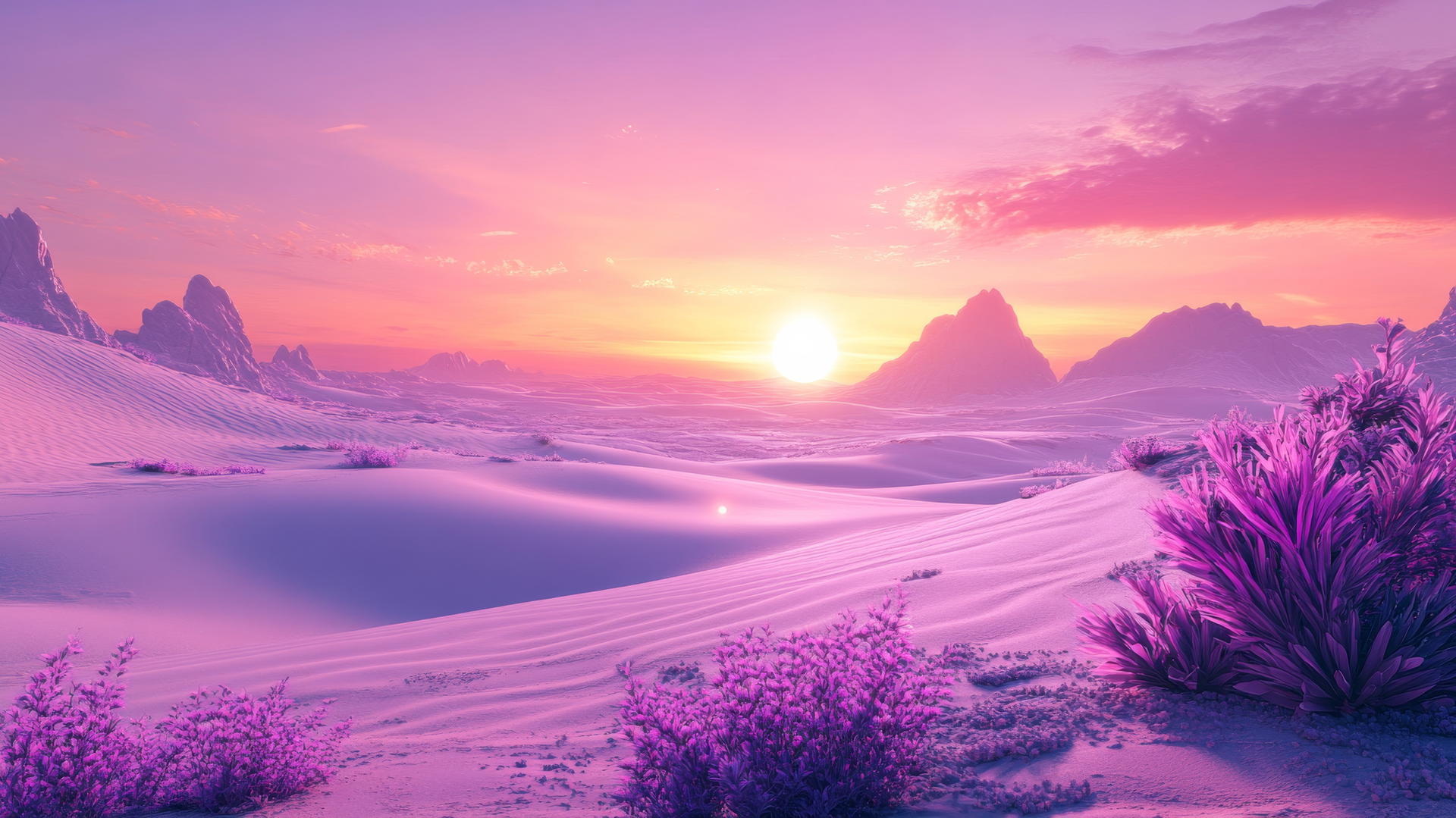 wallpaper purple 4k surreal desert landscape with purple sand dunes, violet sunset, and alien flora