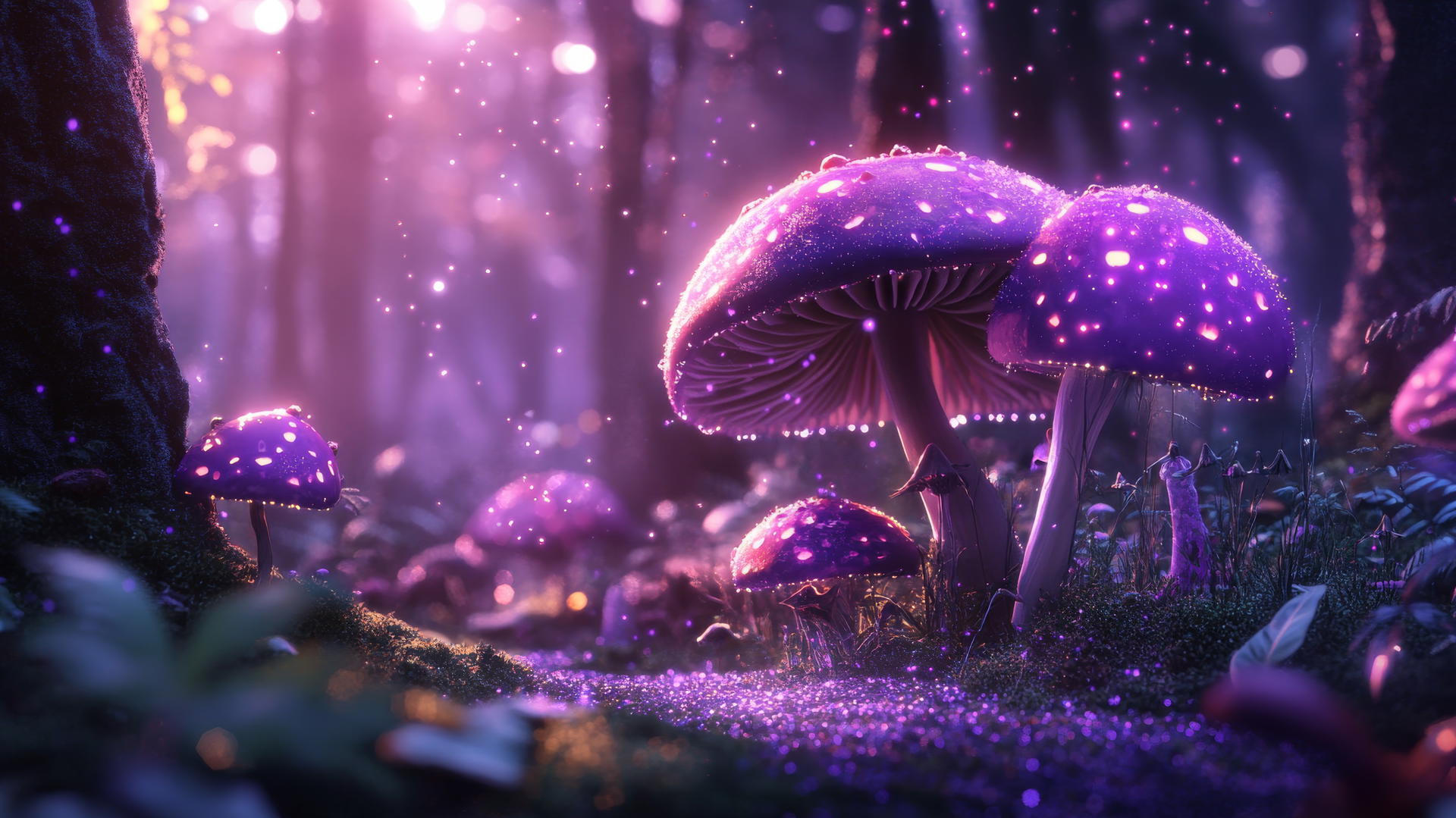 Cute purple aesthetic wallpaper with cartoon-style mushrooms, fairy dust, and tiny forest creatures.