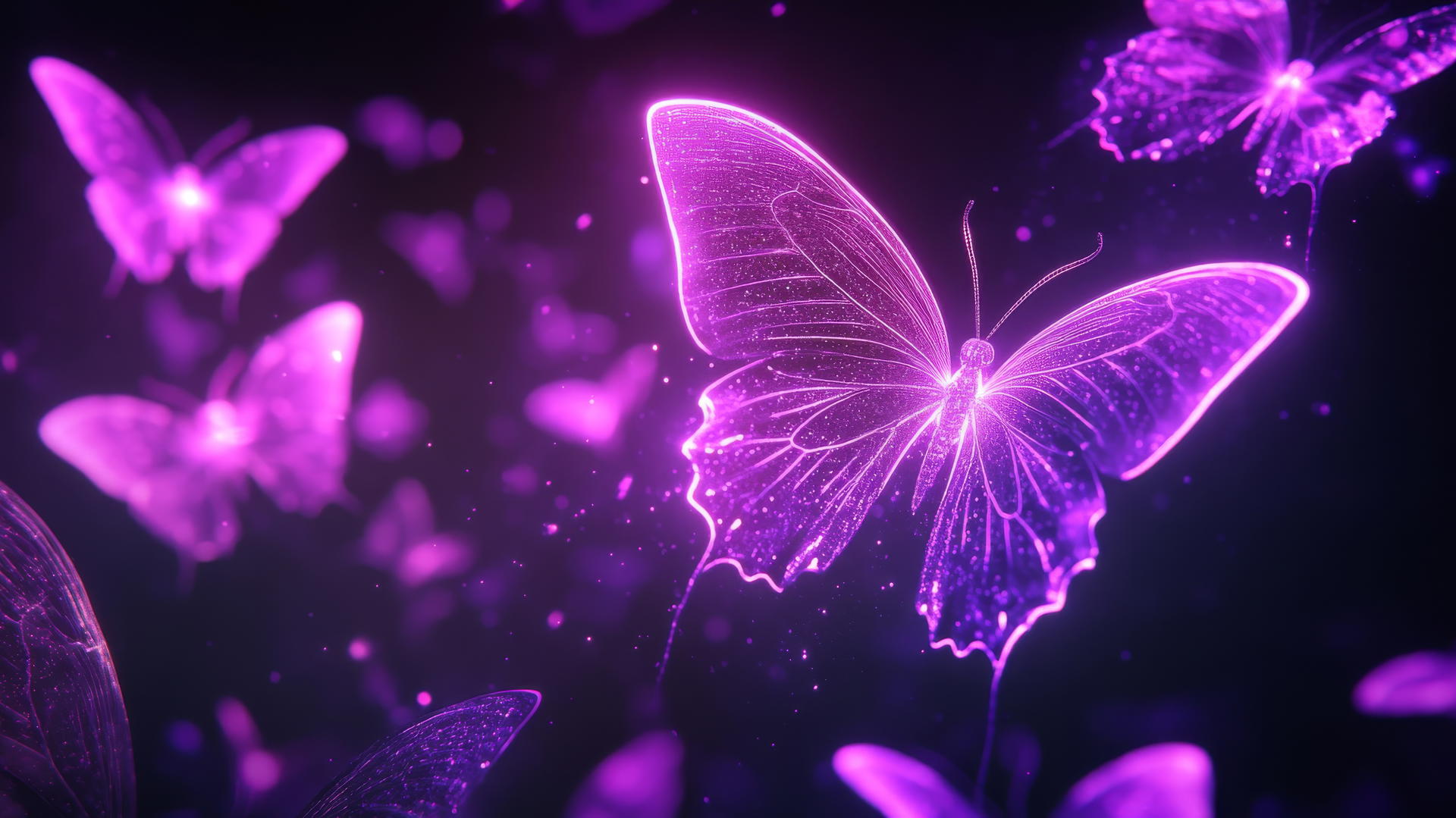 Neon purple butterflies glowing on dark background with light trails.