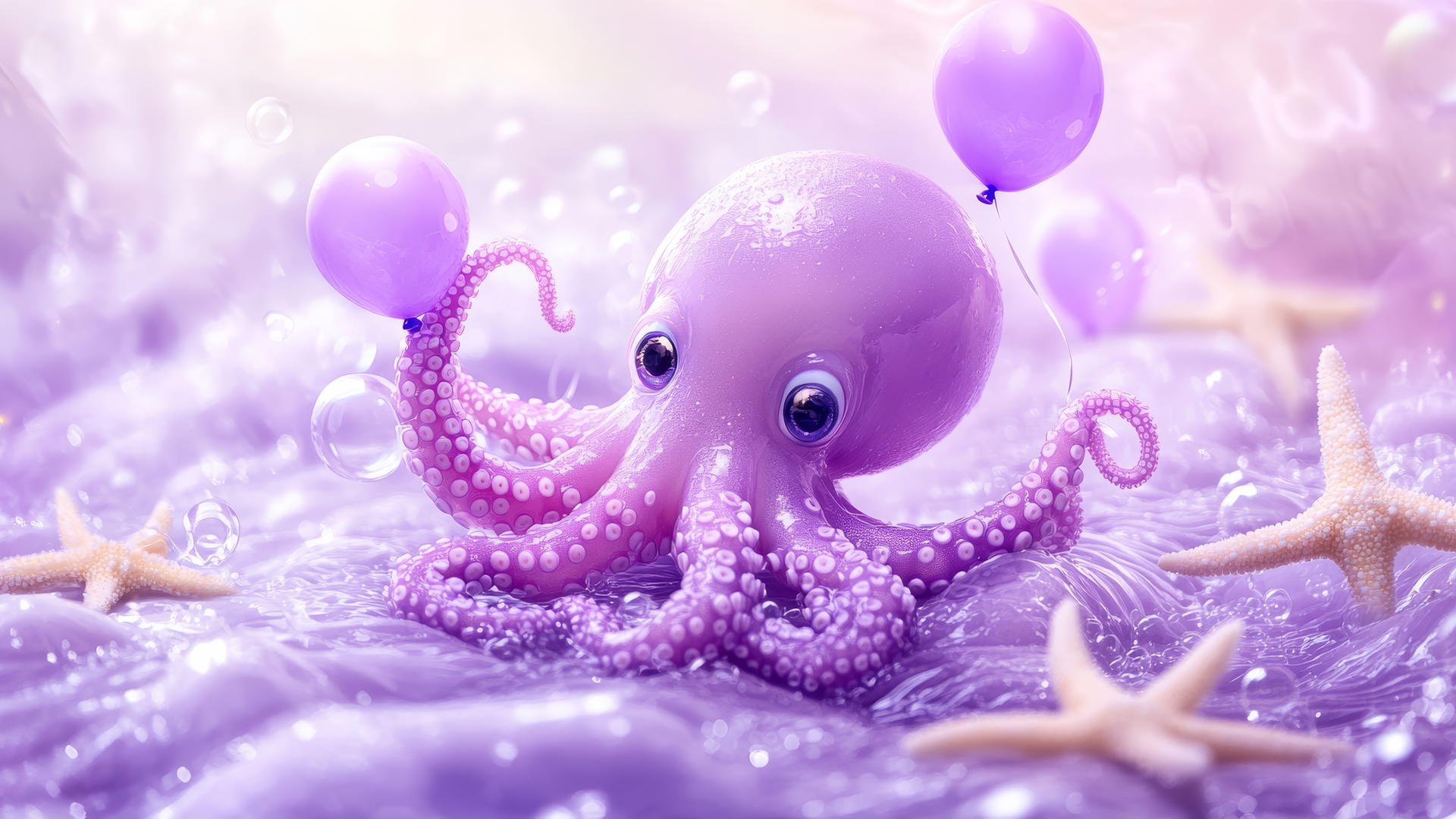 cute purple wallpaper with octopus holding pastel balloons