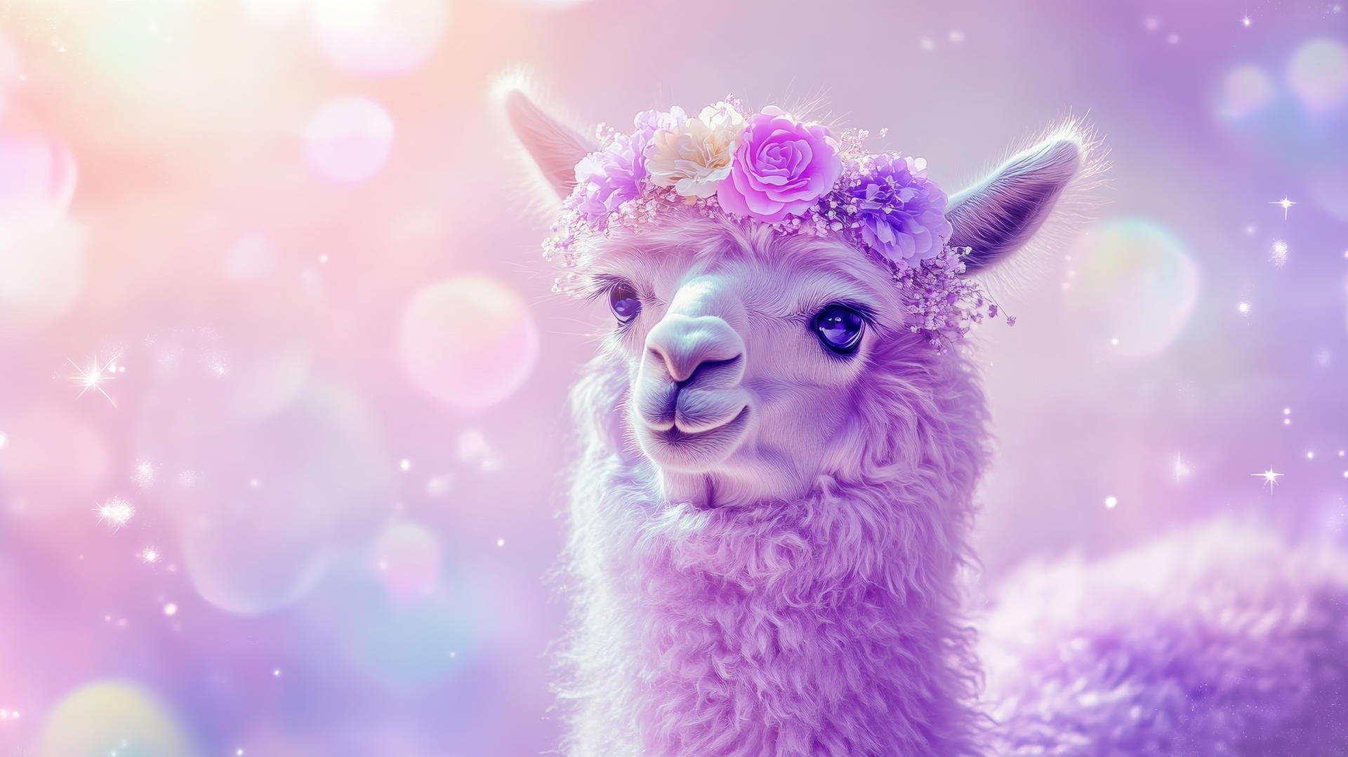 cute purple wallpaper with a llama in a flower crown surrounded by pastel clouds and sparkles