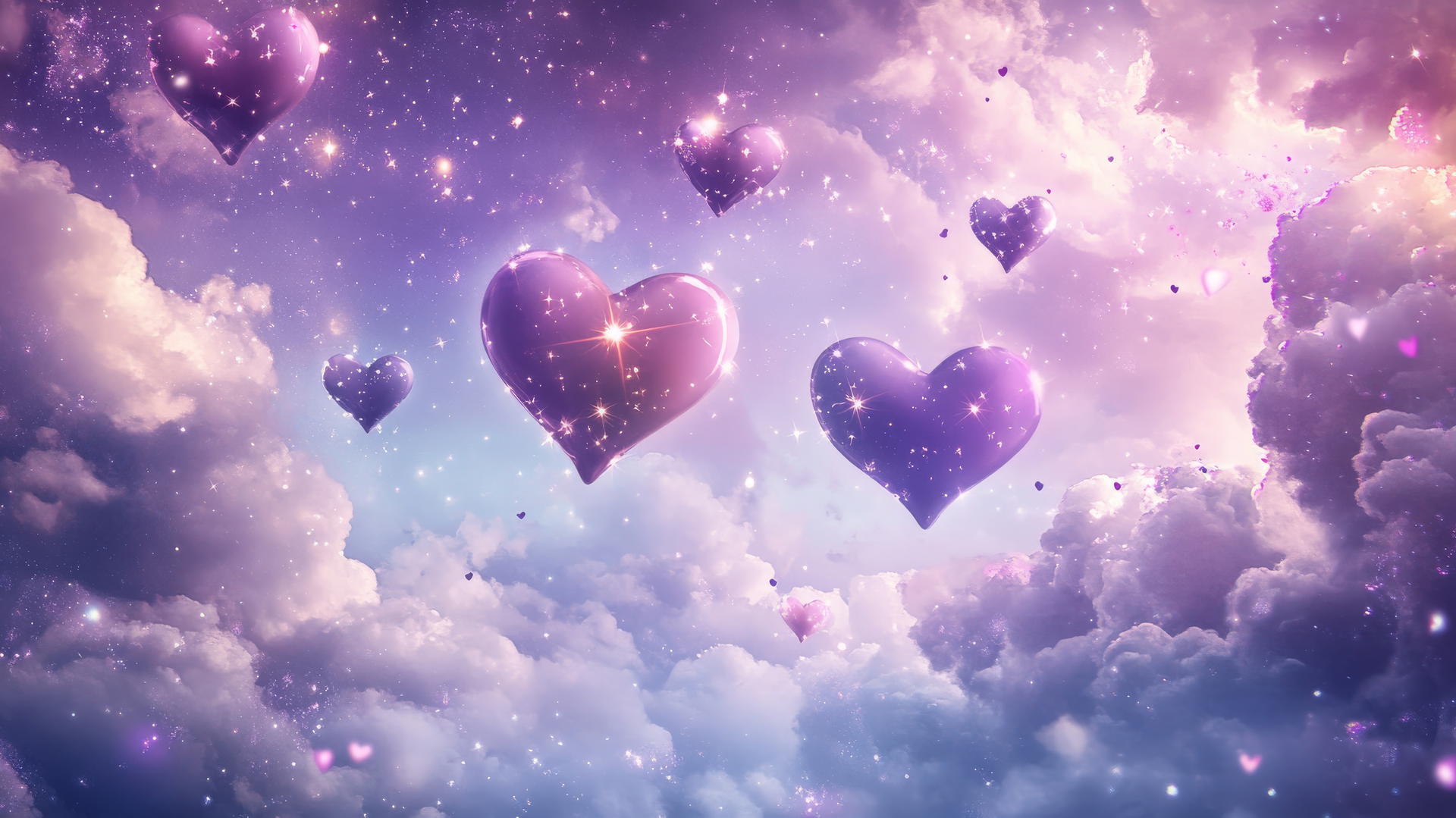 Whimsical purple heart wallpaper with floating hearts, fluffy clouds, stars, and sparkles
