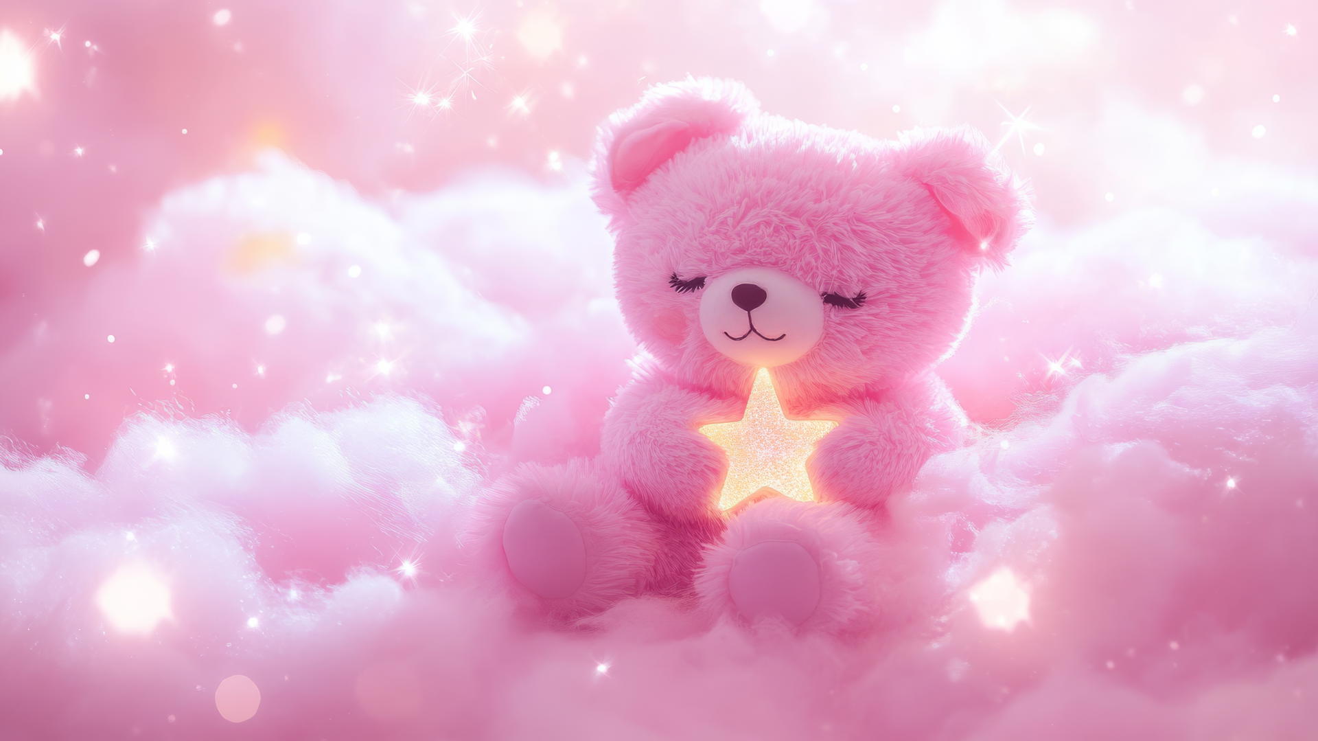A kawaii pink bear holding a tiny star, floating on a fluffy pink cloud with soft sparkles and twinkling lights, cute pink wallpaper