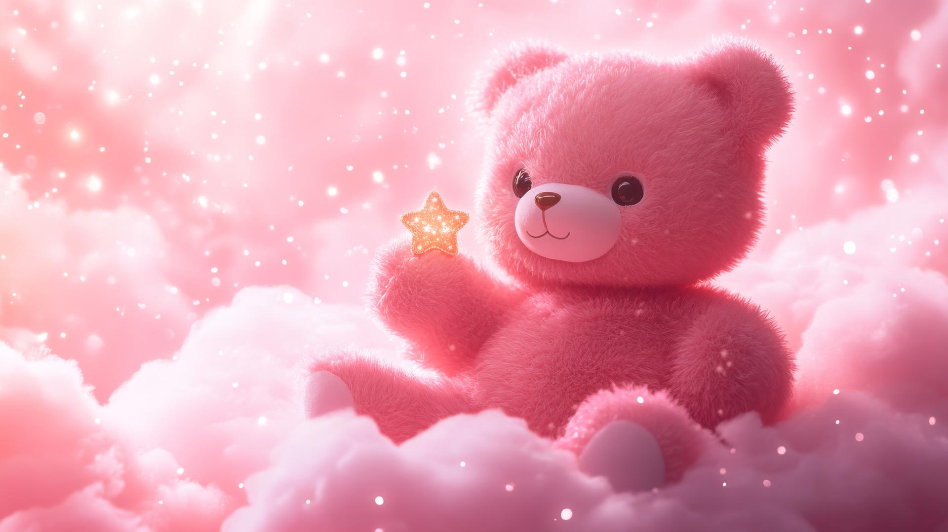 cute pink wallpaper with a kawaii bear holding a tiny star, floating on a fluffy cloud with twinkling lights