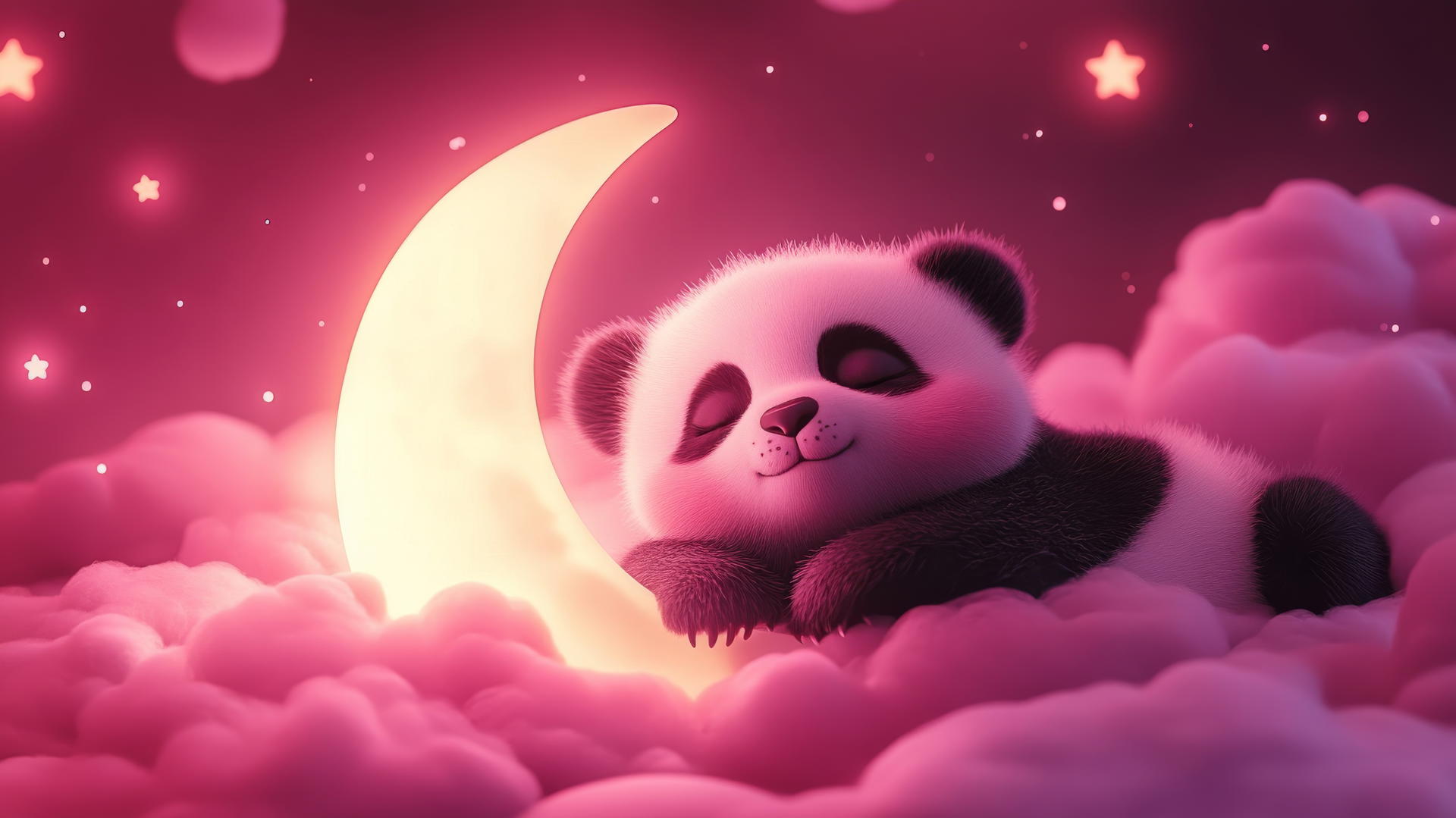 cute panda wallpaper 4k, sleepy pink panda resting on a crescent moon with glowing stars