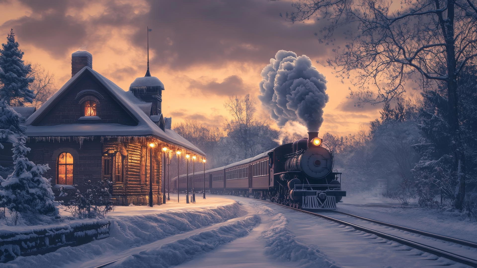 A quiet, snow-covered train station at dusk with a vintage steam train arriving, its warm lights glowing through the cold air. Winter background wallpaper.