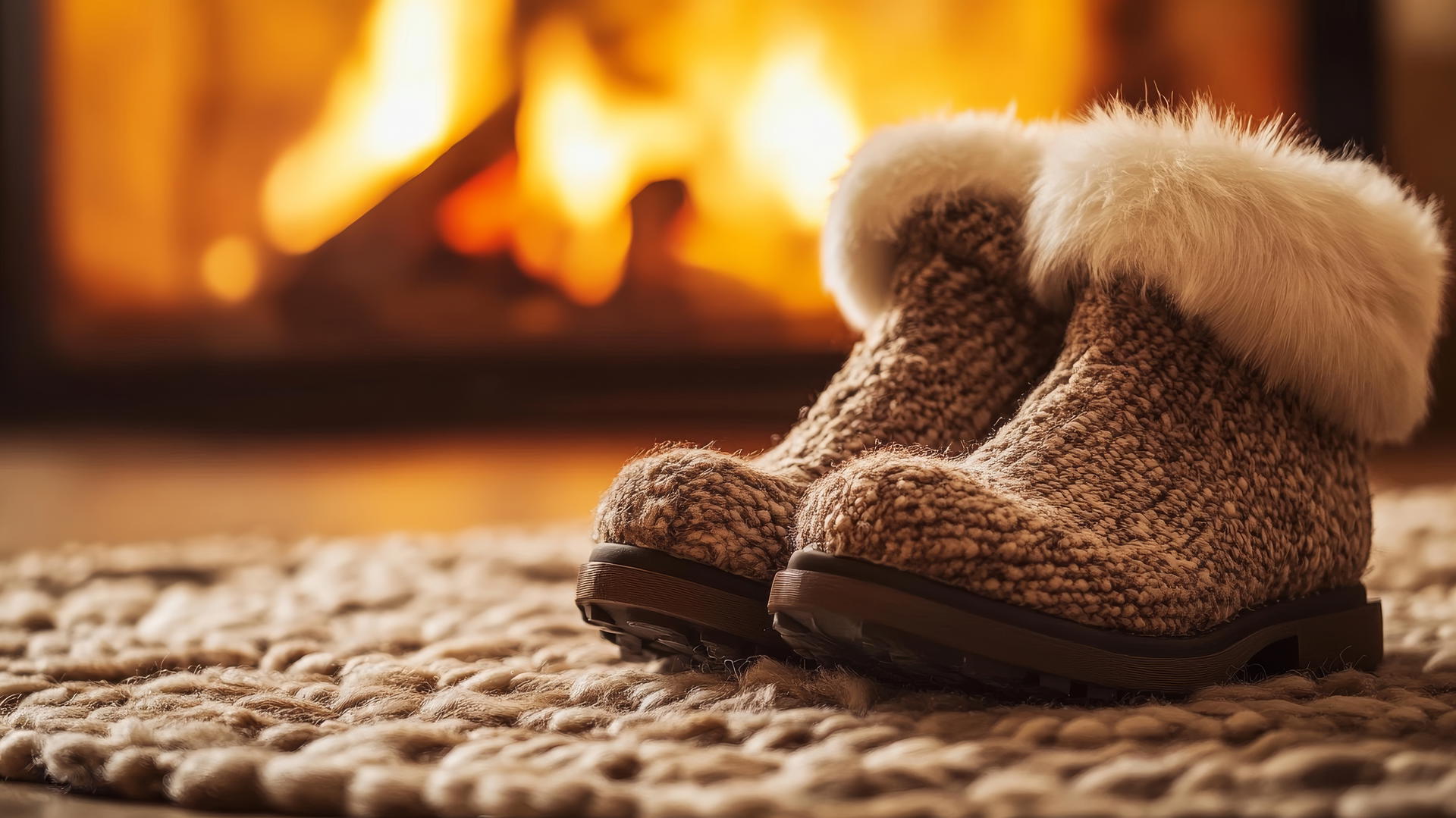 cozy winter iPhone wallpaper featuring fluffy fur-lined boots on a rug by a crackling fire