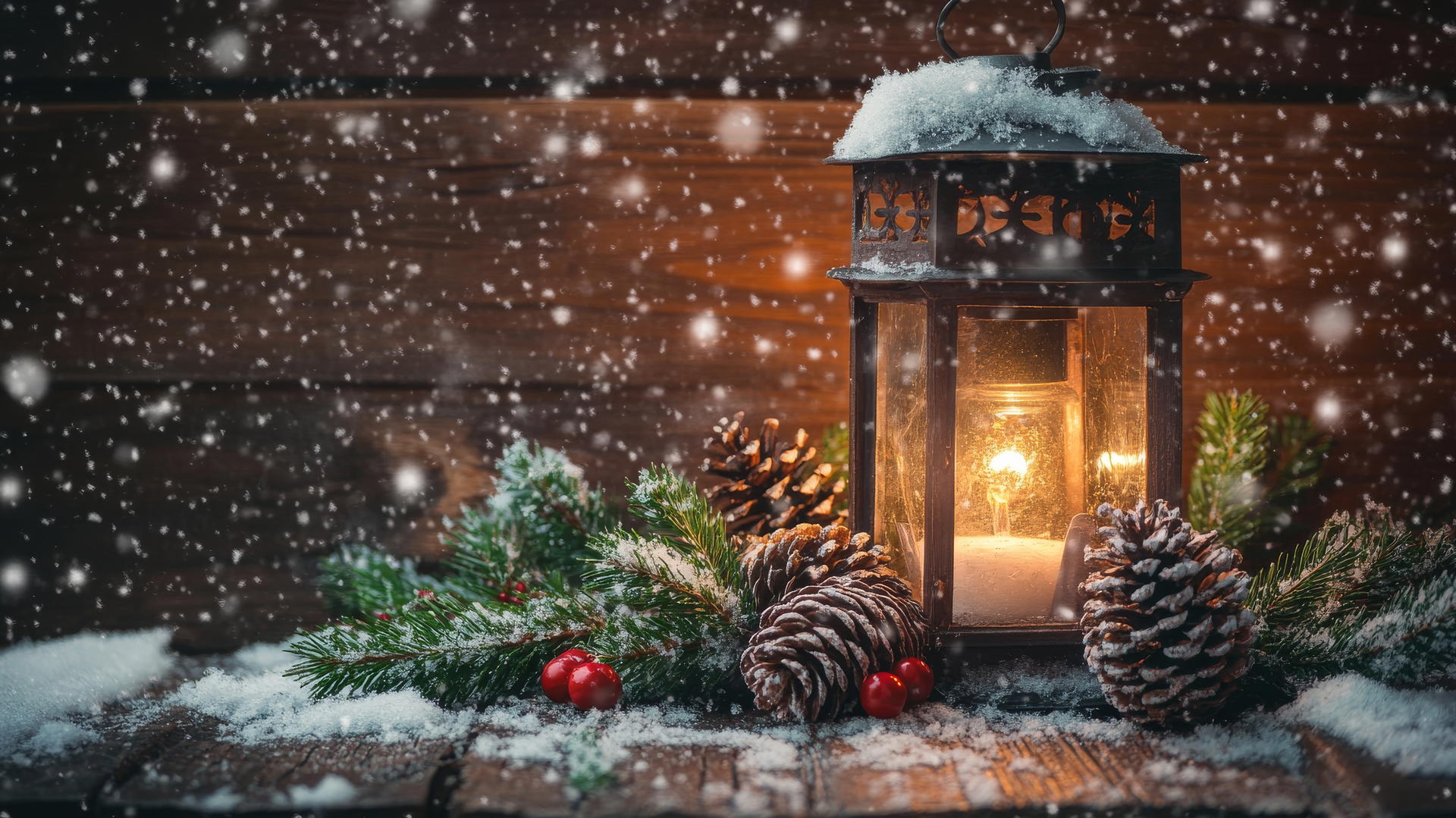 cozy winter iPhone wallpaper with a glowing lantern, pinecones, holly, on a rustic table with falling snow