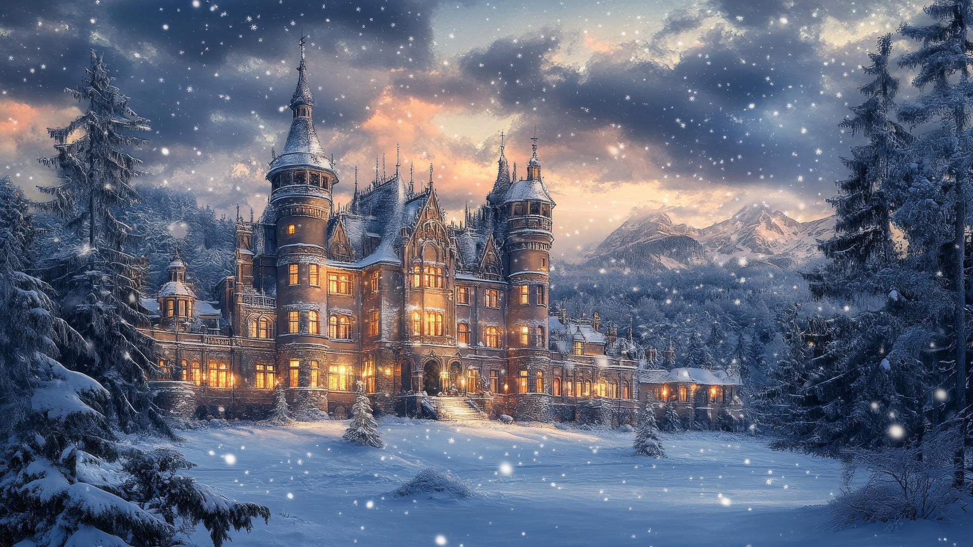 beautiful winter wallpaper with a grand European-style castle, snowy landscape, and glowing window lights