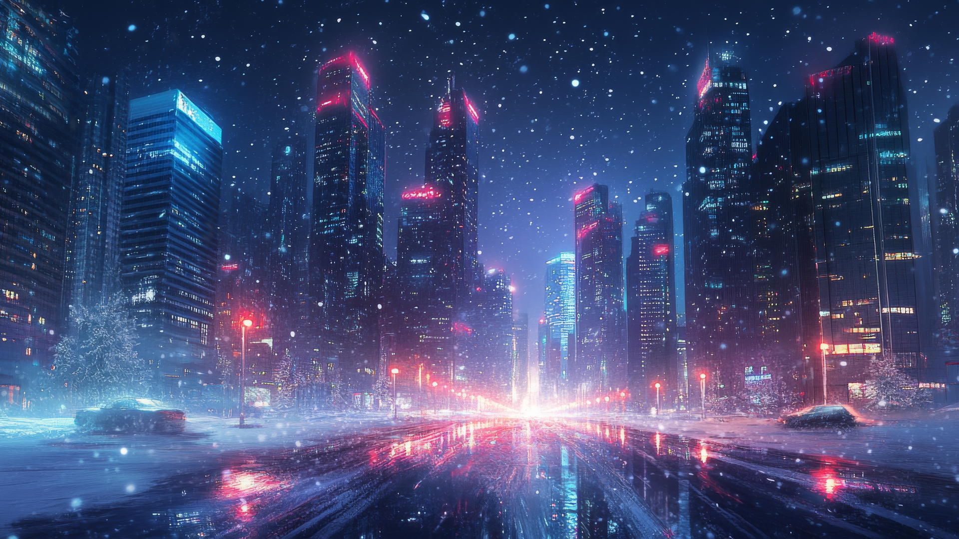 futuristic winter cityscape, neon lights, snowy streets, winter background wallpaper
