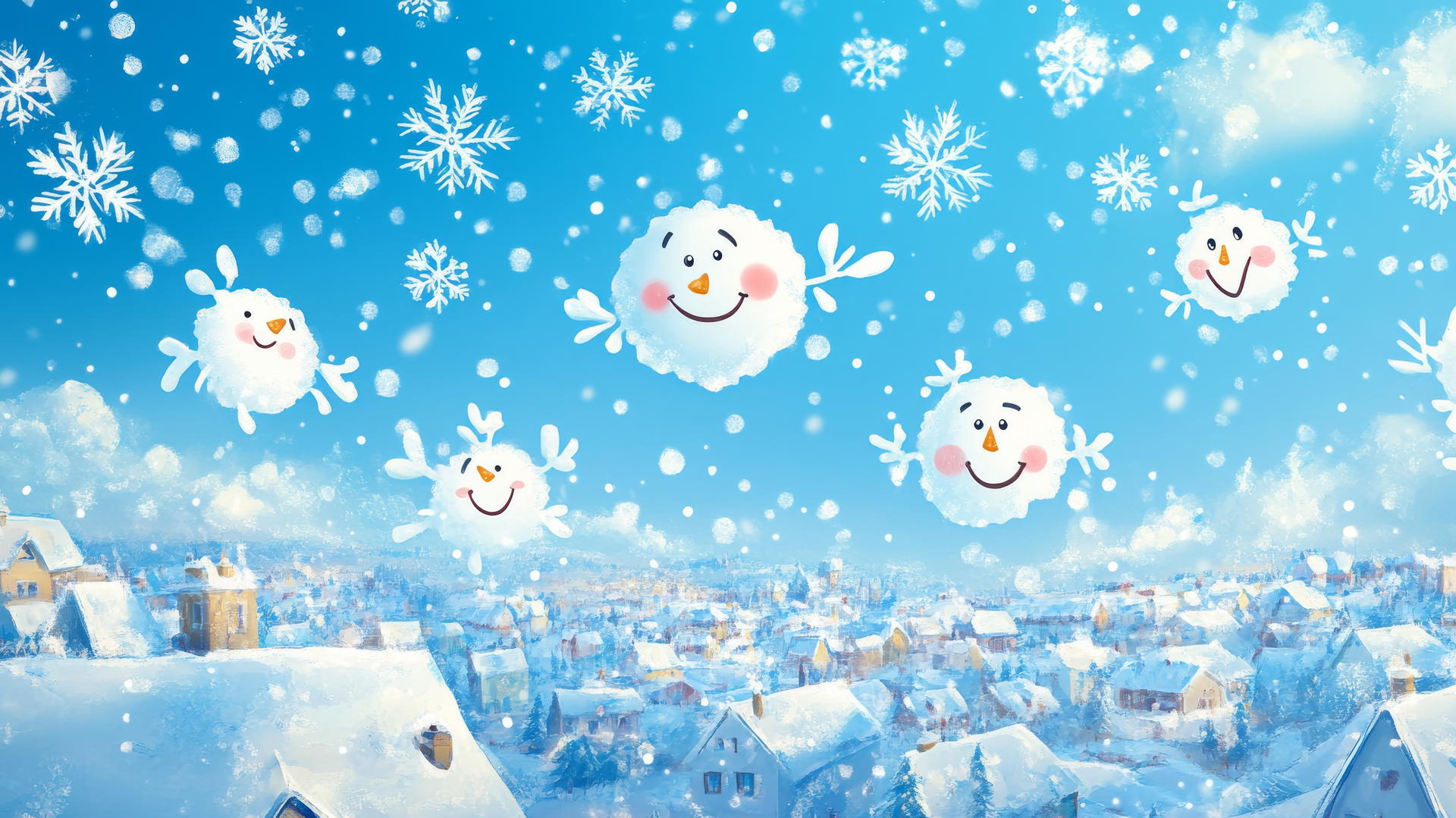 cute winter wallpaper with smiling snowflakes over a snowy town